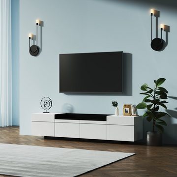 Ulife Lowboard TV-Schrank mit Rillen,TV-Board mit großen Stauraum, mit drei Türen, und einzigartigem Stauraum in schwarzem Hochglanz
