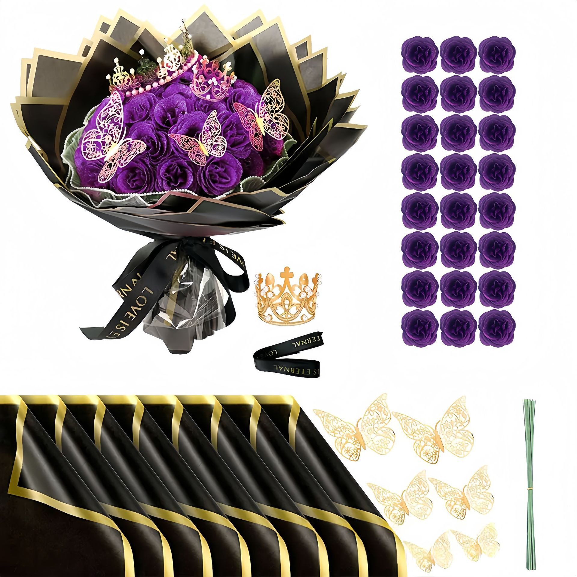 Kunstblume 24 Stück Glitzer-Rosenstrauß, Glitzer Rosen Bouquet, künstliche, Agger, Rosensträuße mit Krone für Geschenke Hochzeitstag Geburtstag