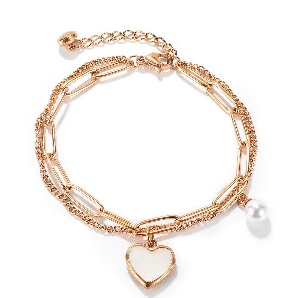 GLAMO Armband Damen Armband Edelstahl,Pfirsich Herz Perle,für Damen Mädchen Geschenk Roségold