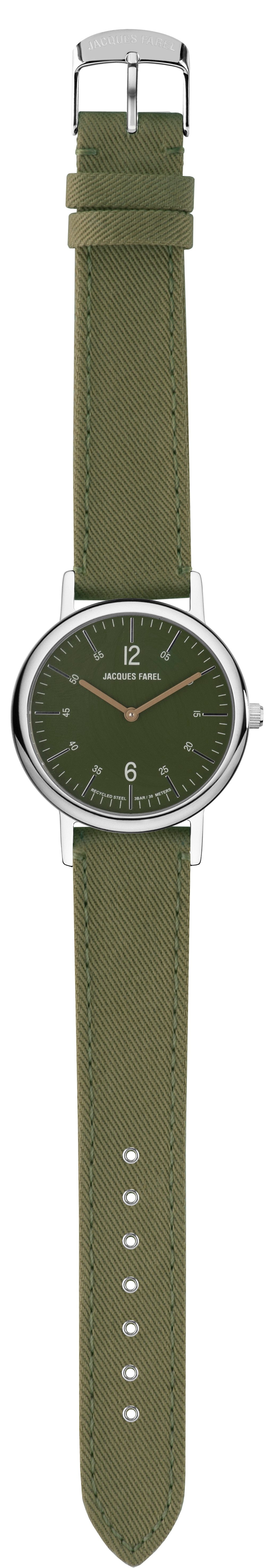 Jacques Farel Quarzuhr ORS1177 nachhaltige Damen Armbanduhr Recycling-Stahlgehäuse Lyocellband 3 bar, Analog Grün Oliv Ökouhr ökologisch Geschenk Frauen Ø38 mm