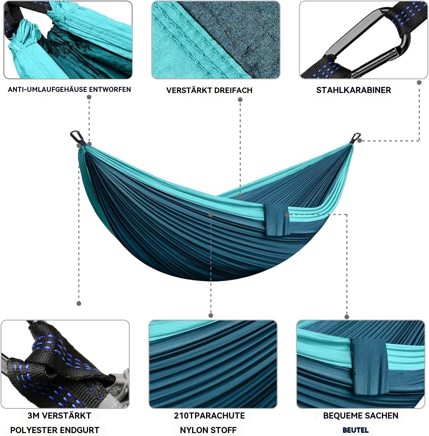Blusmart Hängematte Campinghängematte im Freien (270 cm x 140 cm ultraleichte Reisehängematte, Tragkraft 300 kg), Garden Beach Doppelhängematte