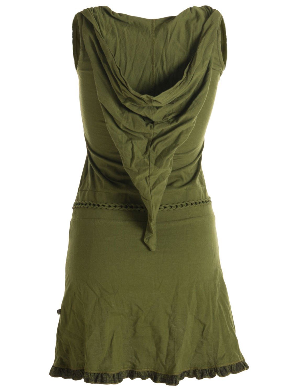 Baumwollkleid mit Zipfelkleid Zipfelkapuze Asymmetrisches Lagenlook und Rüschen, olivegrün Vishes Flechtwerk