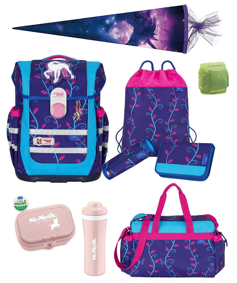 McNeill Schulranzen Ergo Complete "Lilly" mit Motivmagnet Einhorn / Unicorn (Set, 10-tlg., inkl. Sporttasche und Schultüte), ergonomisch; 20L Volumen; wächst mit dem Kind mit