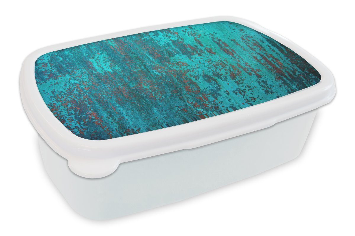 MuchoWow Lunchbox Kupferfarbener Hintergrund mit einer blauen Oxidationsschicht, Kunststoff, (2-tlg), Brotbox für Kinder und Erwachsene, Brotdose, für Jungs und Mädchen weiß