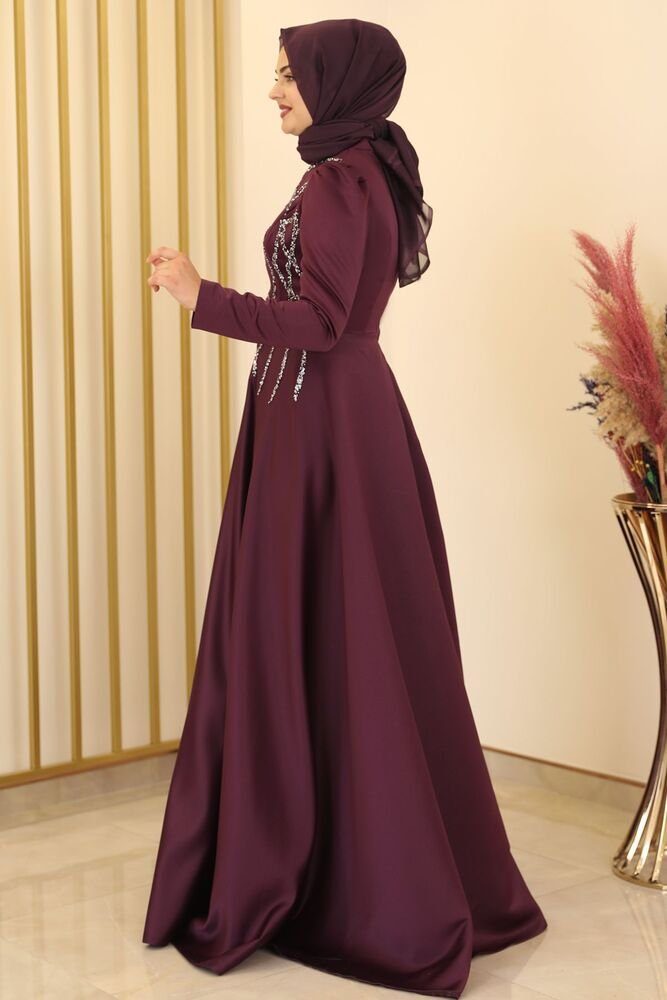 Satinkleid Abaya Abiye Schmucksteinen Damen Violett Modavitrini Maxikleid Abendkleid Schmucksteine mit