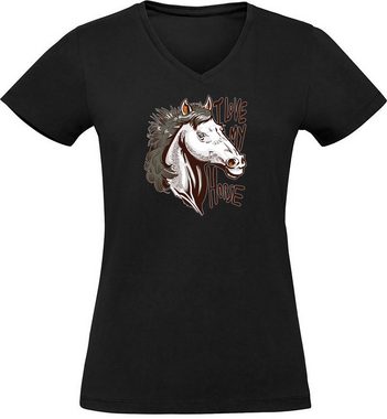 MyDesign24 T-Shirt Damen Pferde Print Shirt - I Love my Horse V-Ausschnitt Baumwollshirt mit Aufdruck Slim Fit, i165