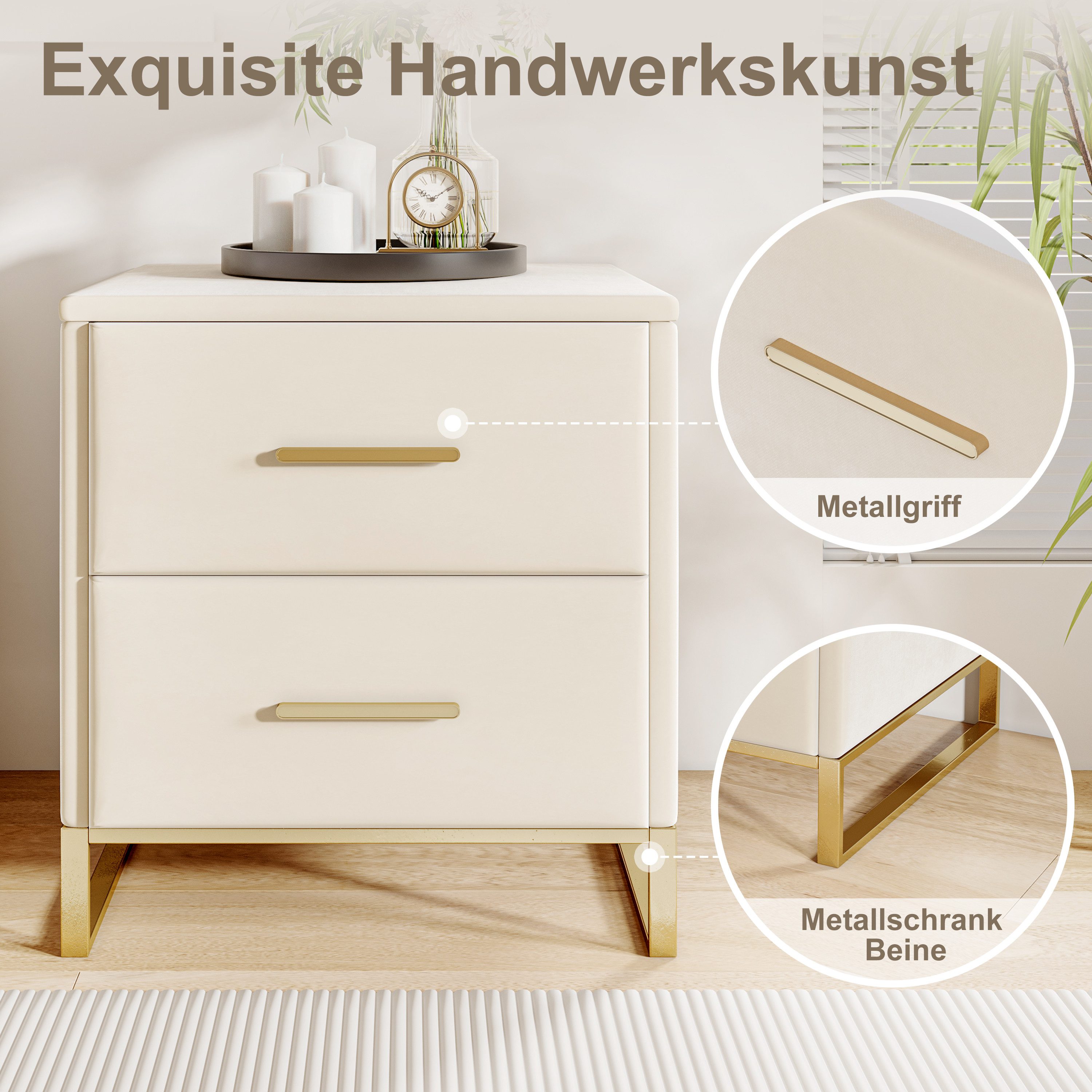 Yelenaro Nachttisch Nachtschrank mit 2 Schubladen (Set, 2-St), 40x40x50 cm,2er-Packung,Metallgriffe und Stützbeine,Samt,Beige – Bild 3 von 5