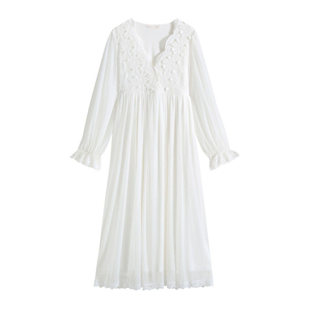 Juoungle Nachthemd Nachthemden für Damen Langarm Nachthemd Langes Schlafanzug, Weiß, M