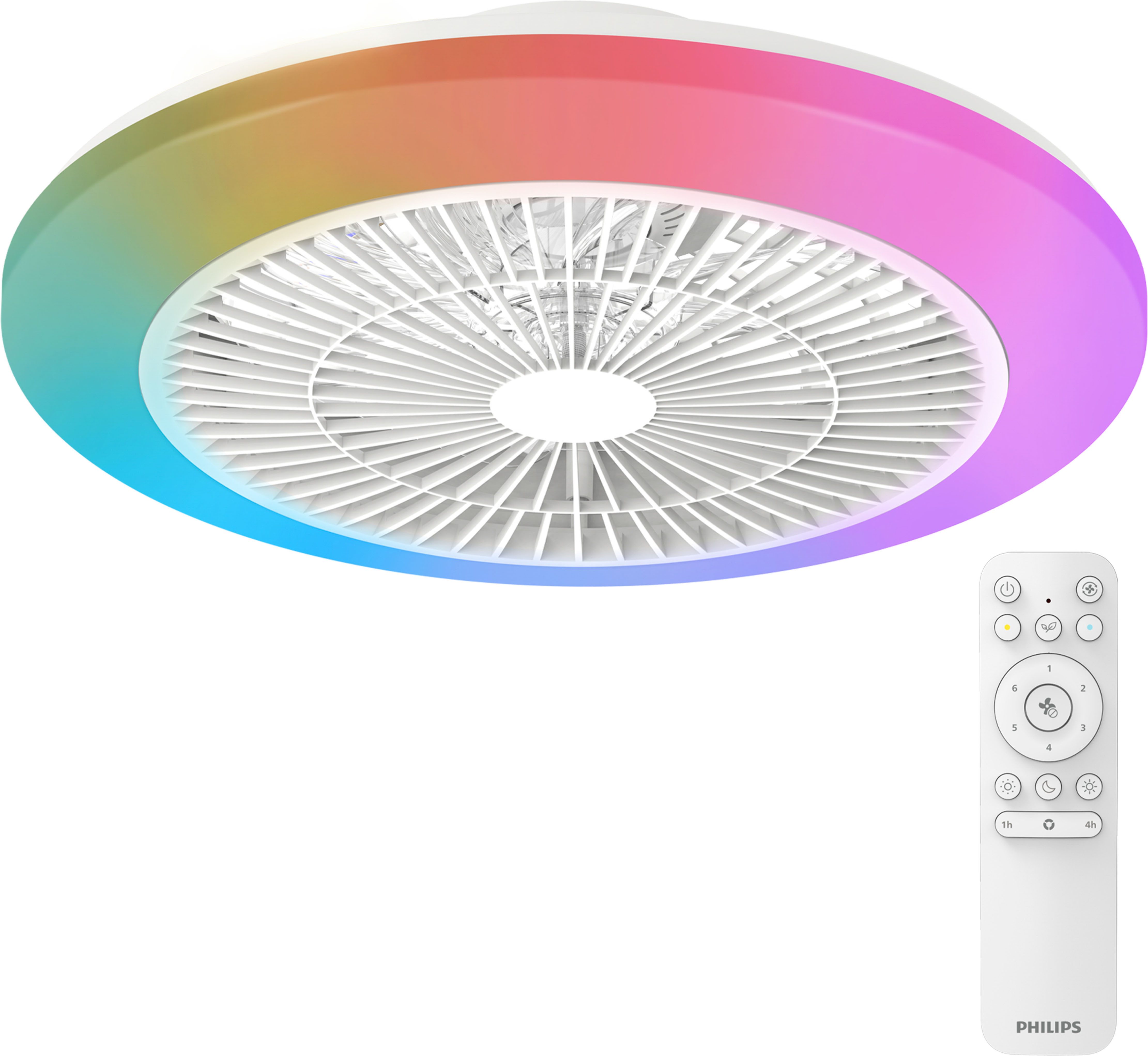 Philips LED Deckenleuchte Amigo Deckenventilator RGB, 40 W (Ventilator) + 20 W (Leuchte), weiß, CCT - über Fernbedienung, Dimmer, Dimmfunktion, Ein-/Ausschalter, Farbsteuerung, Farbwechsel, Fernbedienung, Infrarot inkl., Memoryfunktion, RGB, Ventilatorfunktion, dimmbar über Fernbedienung, mehrere Helligkeitsstufen, LED fest integriert, RGB, 2700-6500 Kelvin, dimmbar mit Fernbedienung, 4400 Lumen