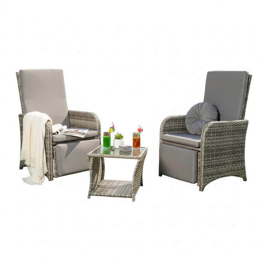 Mucola Balkonset Balkonmöbel-Set 3-teilig aus Polyrattan in Grau inkl. Auflagen, (Balkonmöbel-Set, 3-tlg., 3-teiliges Balkonmöbel-Set für 2 Personen), platzsparendes Balkonmöbel-Set mit Polyrattan-Geflecht und Auflagen