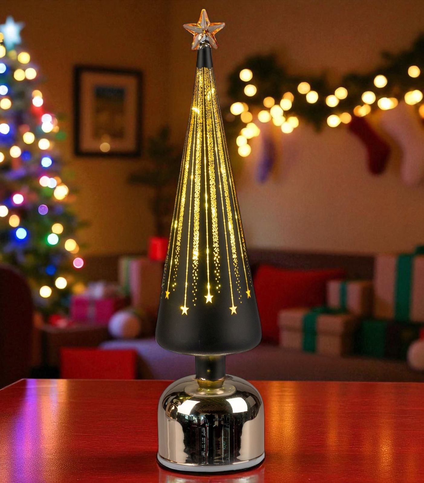 formano LED Dekolicht Weihnachtsbaum drehend Baum 38 cm schwarz-gold aus Farbglas mit Timer, LED fest integriert