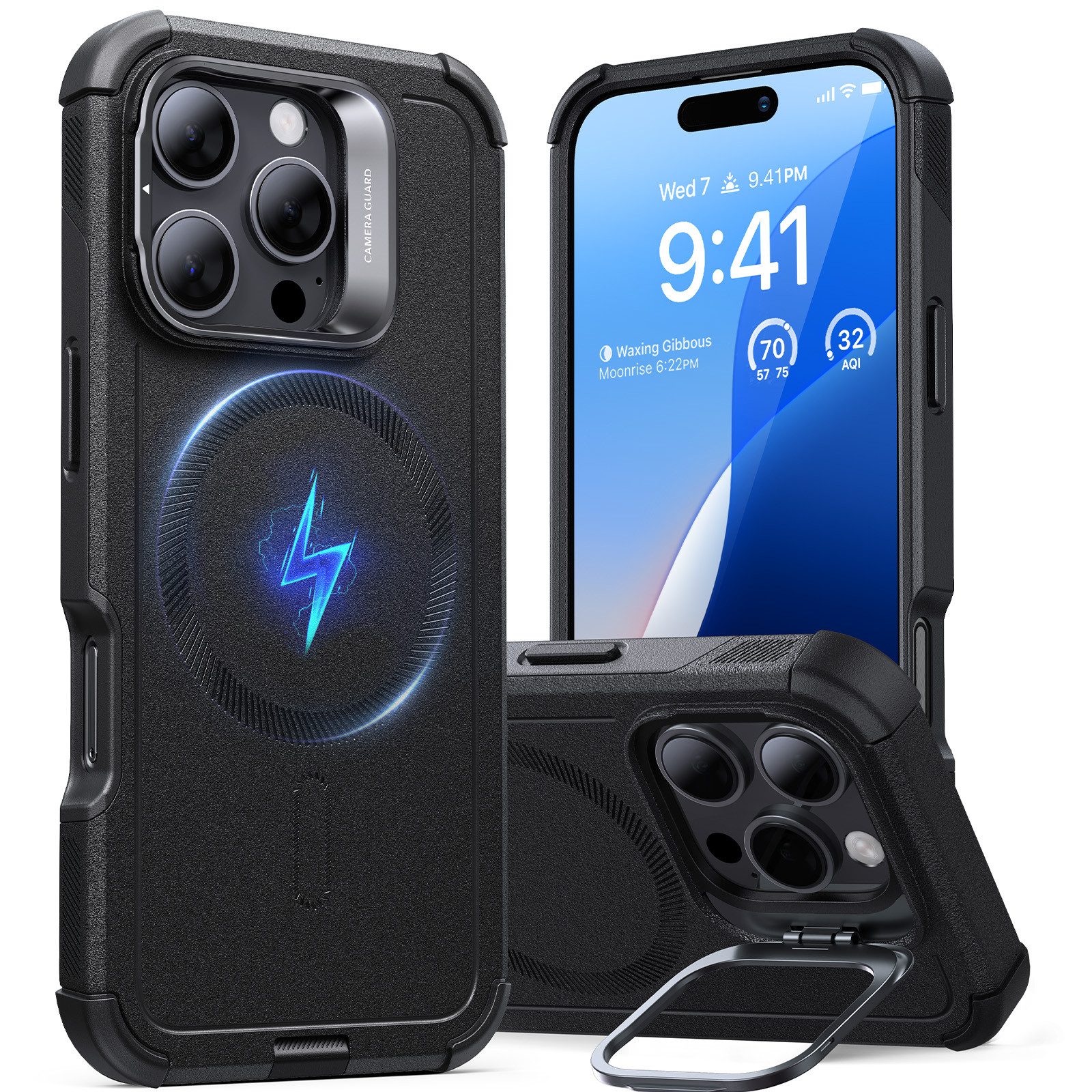 ESR Handyhülle Cyber Armor Halo Case mit Stand iPhone 16 Pro 6,3", 360° Schutz, Vielseitiger Ständer