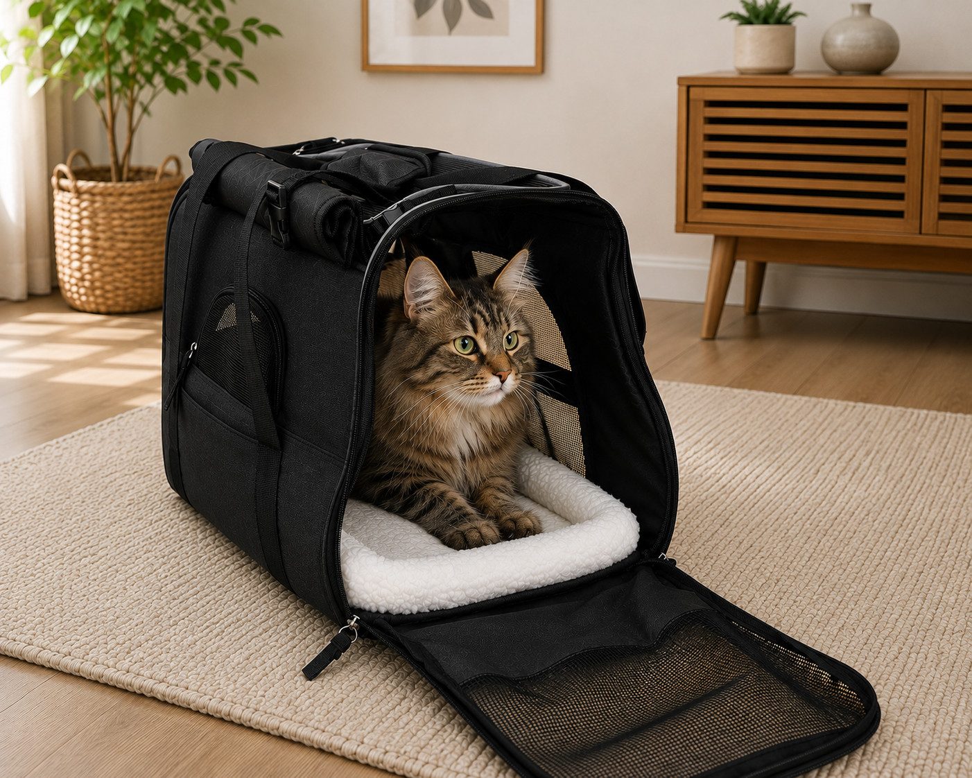 belviona Tiertransporttasche für Katzen, mit herausnehmbarem Liegekissen & Reflektoren, schwarz bis 10 kg, Katzentragetasche mit Netzfenstern, atmungsaktives Mesh