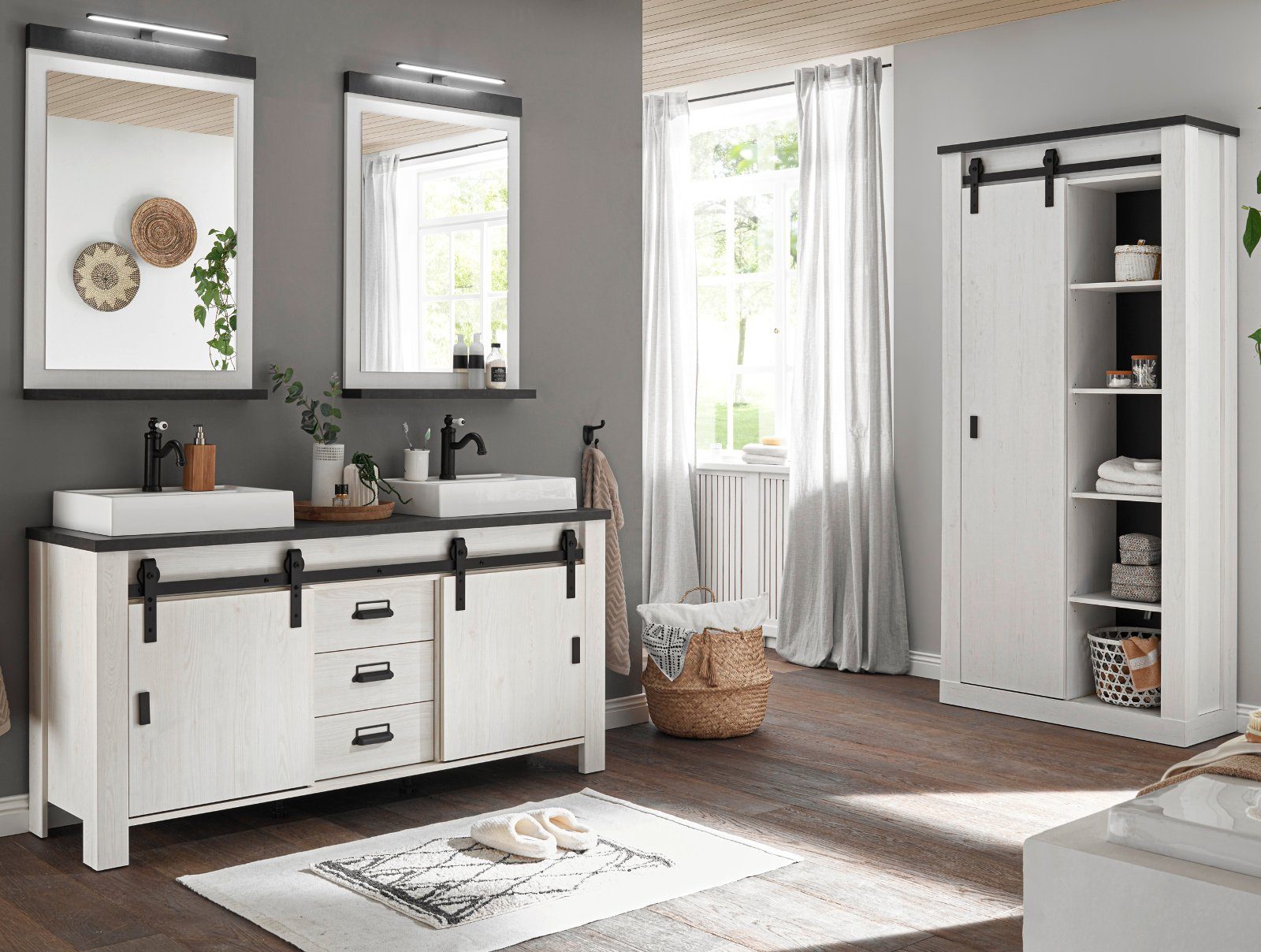 Furn.Design Badezimmer-Set Stove, (Komplett-Set, in Pinie weiß Landhaus), mit Soft-Close, inklusive Beleuchtung und Waschbecken
