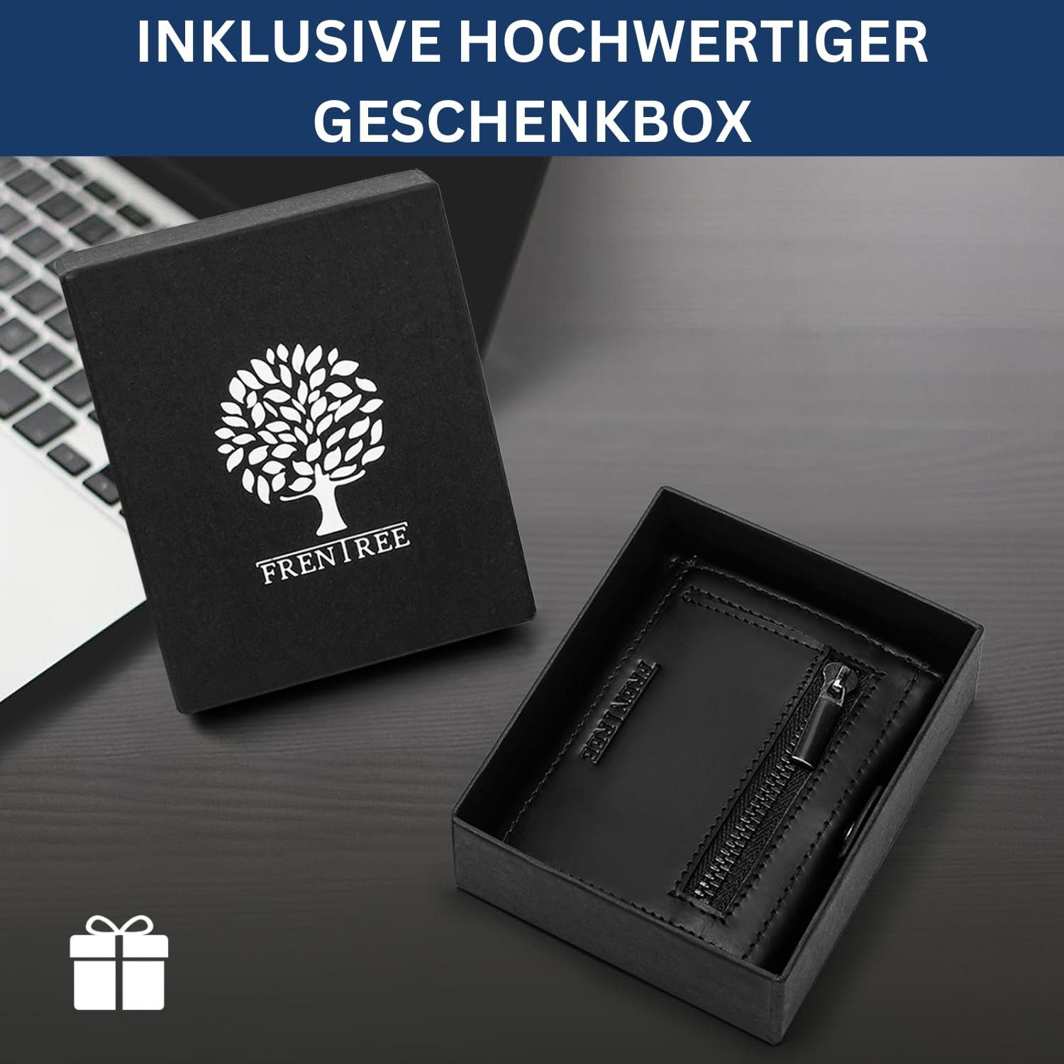 Kartenetui - mit Geldbörse aus Slim Schwarz Geldbeutel Mini, Wallet Leder echtem mit Geldbörse RFID-Schutz - Frentree Münzfach Klein Glattleder - Echtleder Portemonnaie Mini