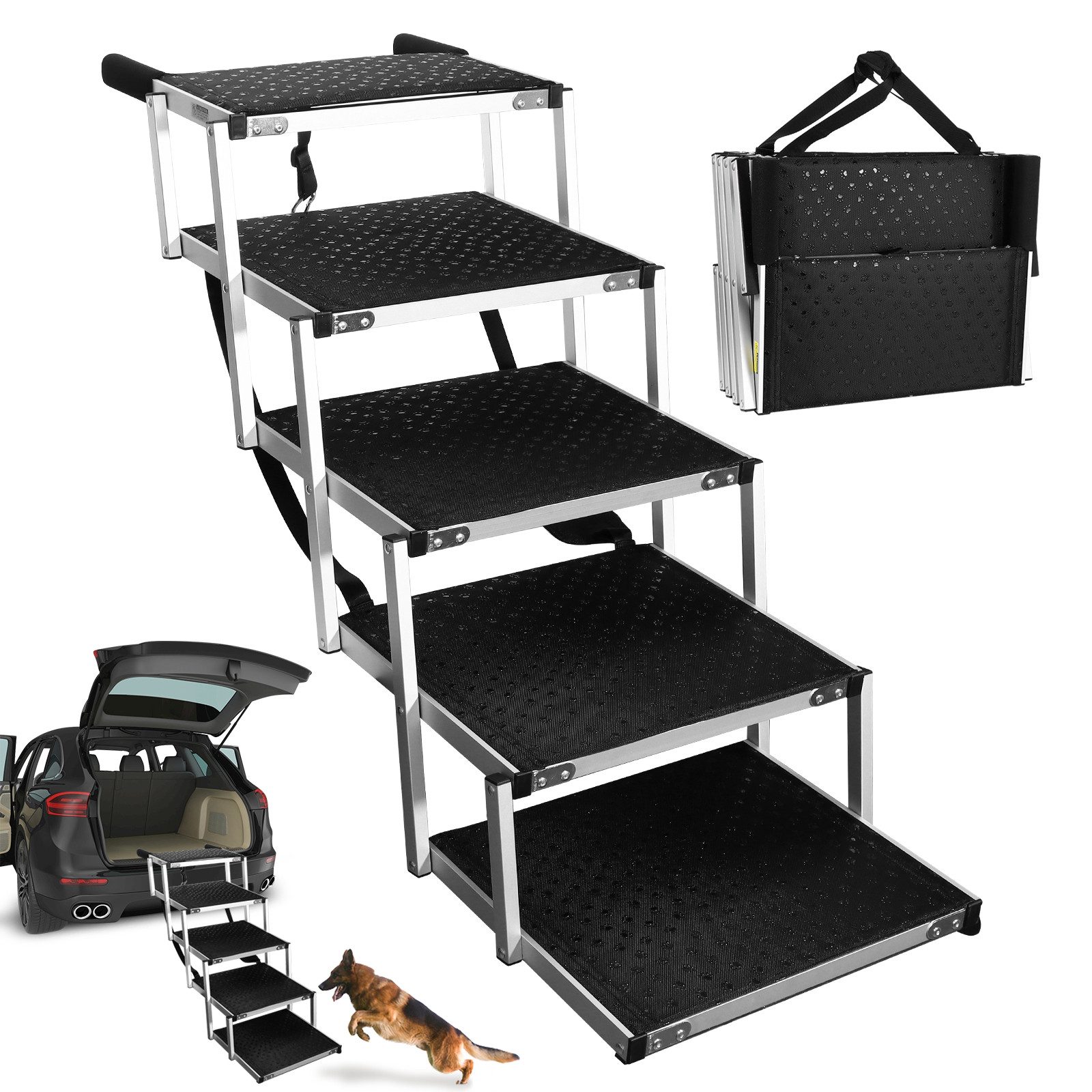 BlingBin Haustiertreppe Hundetreppe Auto, Hunderampe Auto klappbar mit Hundeliftgeschirr (1er Set, 1-St., 5 Stufen), 5 Stufen Zusammenklappbare Rampe für Auto und SUV, Aluminium-Treppe