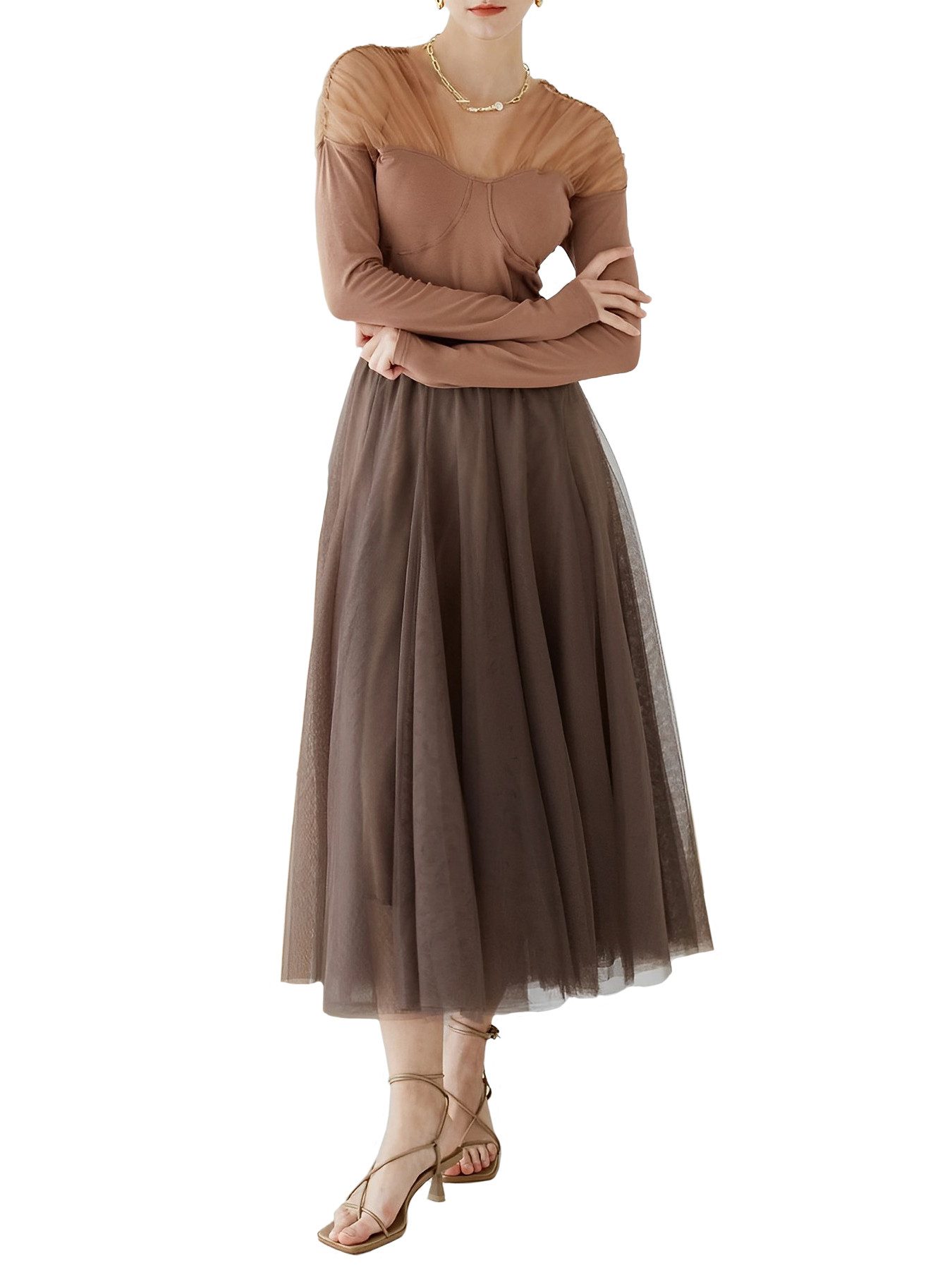 DEBAIJIA Meshrock Meshrock Damen Maxirock Sommer Elegant Lange Röcke Kleid Hohe Taille