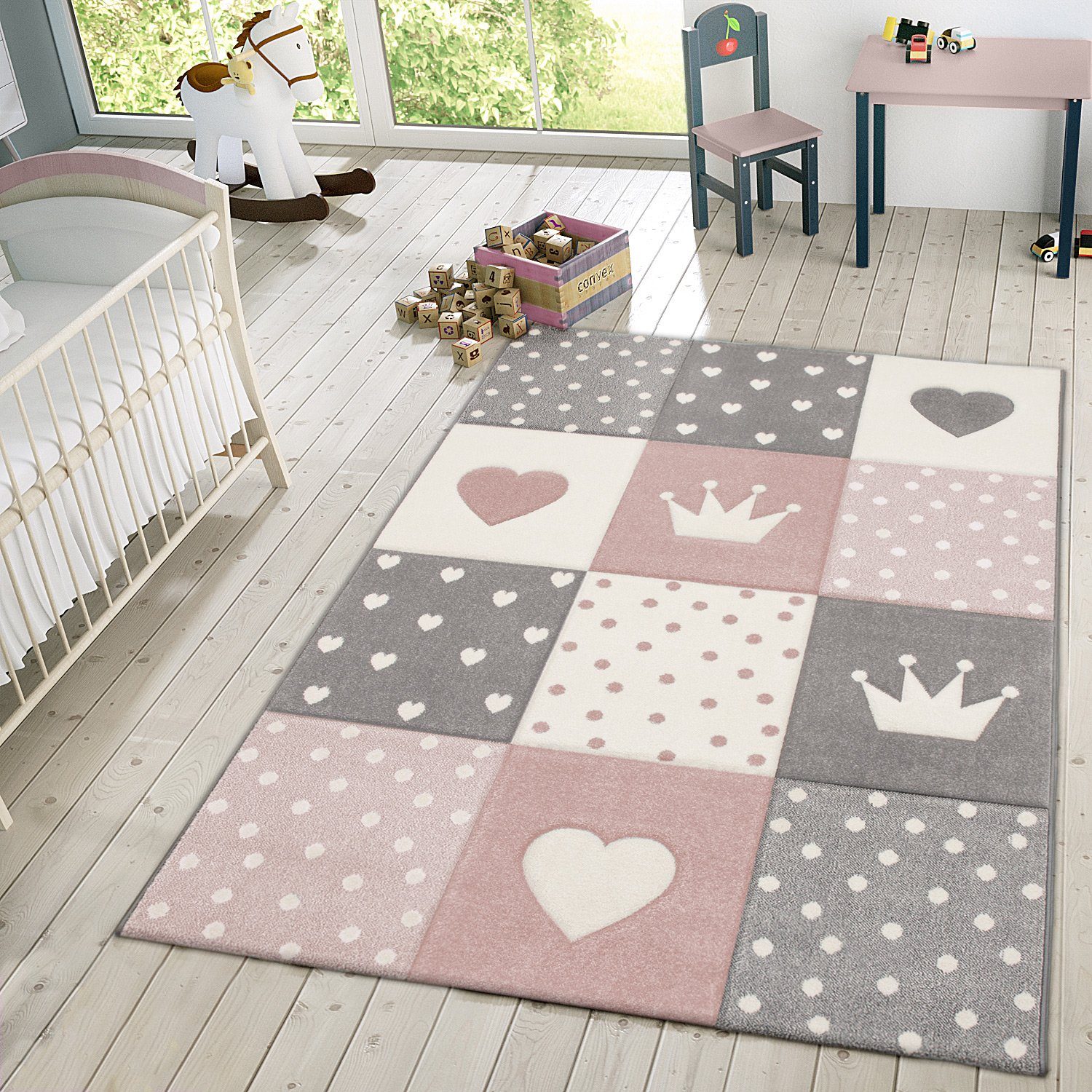 Kinderteppich »Kinder Teppich Spielteppich Karos Punkte Krone Herz Pastell  Rosa Weiß Grau«, TT Home, rechteckig, Höhe 16 mm