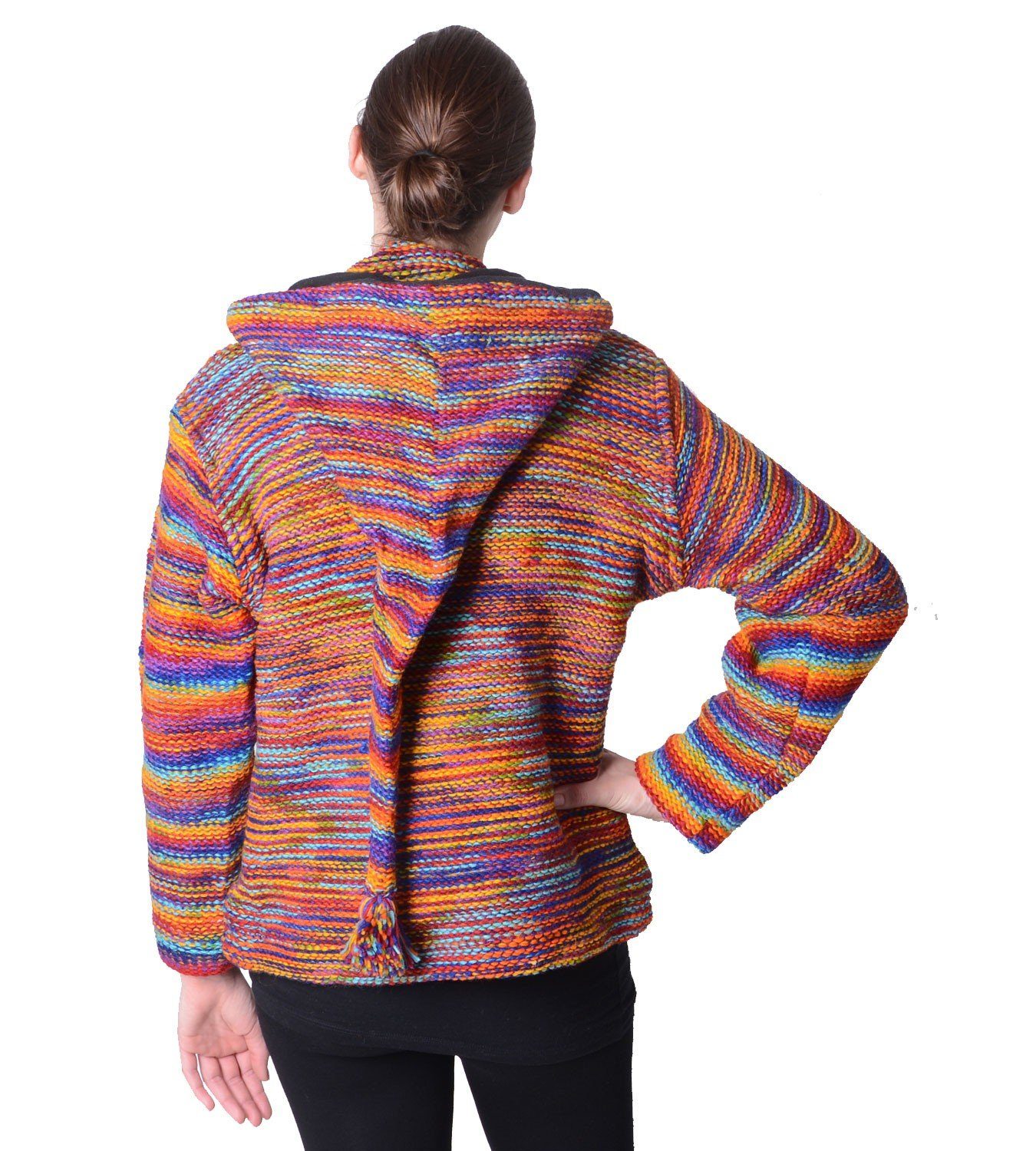 KUNST UND MAGIE Kapuzenstrickjacke Damen Wolljacke Hippie Goa Strickjacke mit Zipfelkapuze Mehrfarbig