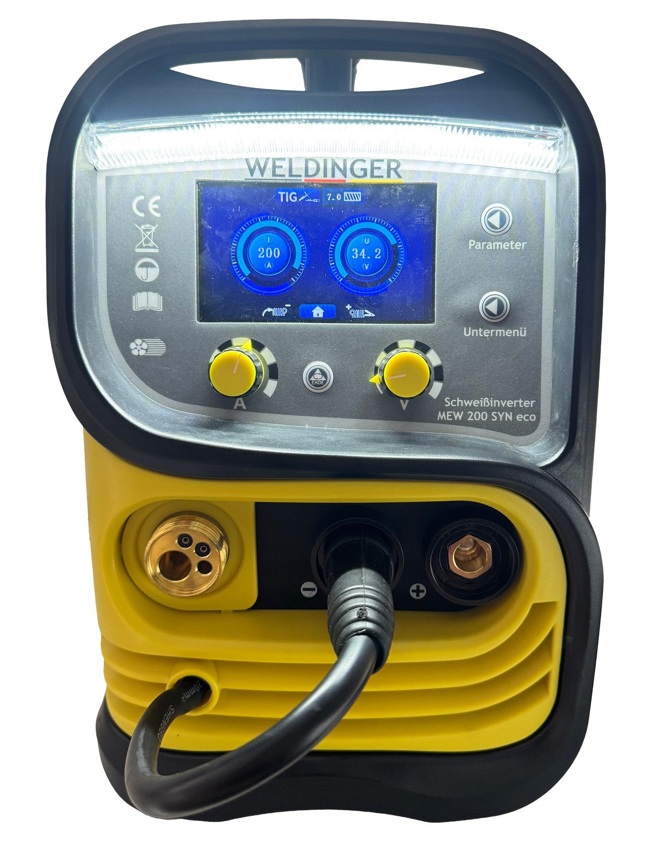 WELDINGER Schutzgasschweißgerät Synergischer MIG-MAG-Schweißinverter MEW 200 SYN eco 2T/4T Spot 200 A, 10 - 200 A, 5-tlg., Umpolfunktion, Displaybeleuchtung