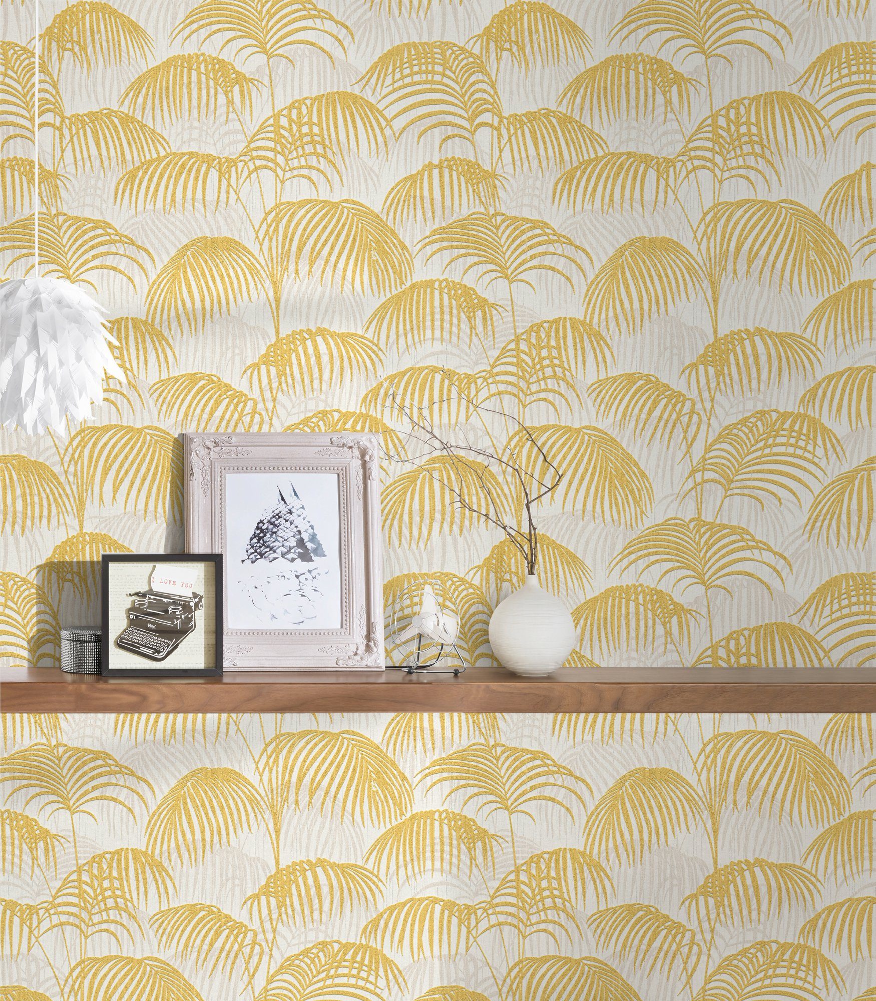 Palmen Tapete Textiltapete A.S. Dschungeltapete floral, gold/gelb/weiß Paper samtig, Architects botanisch, Tessuto, Création