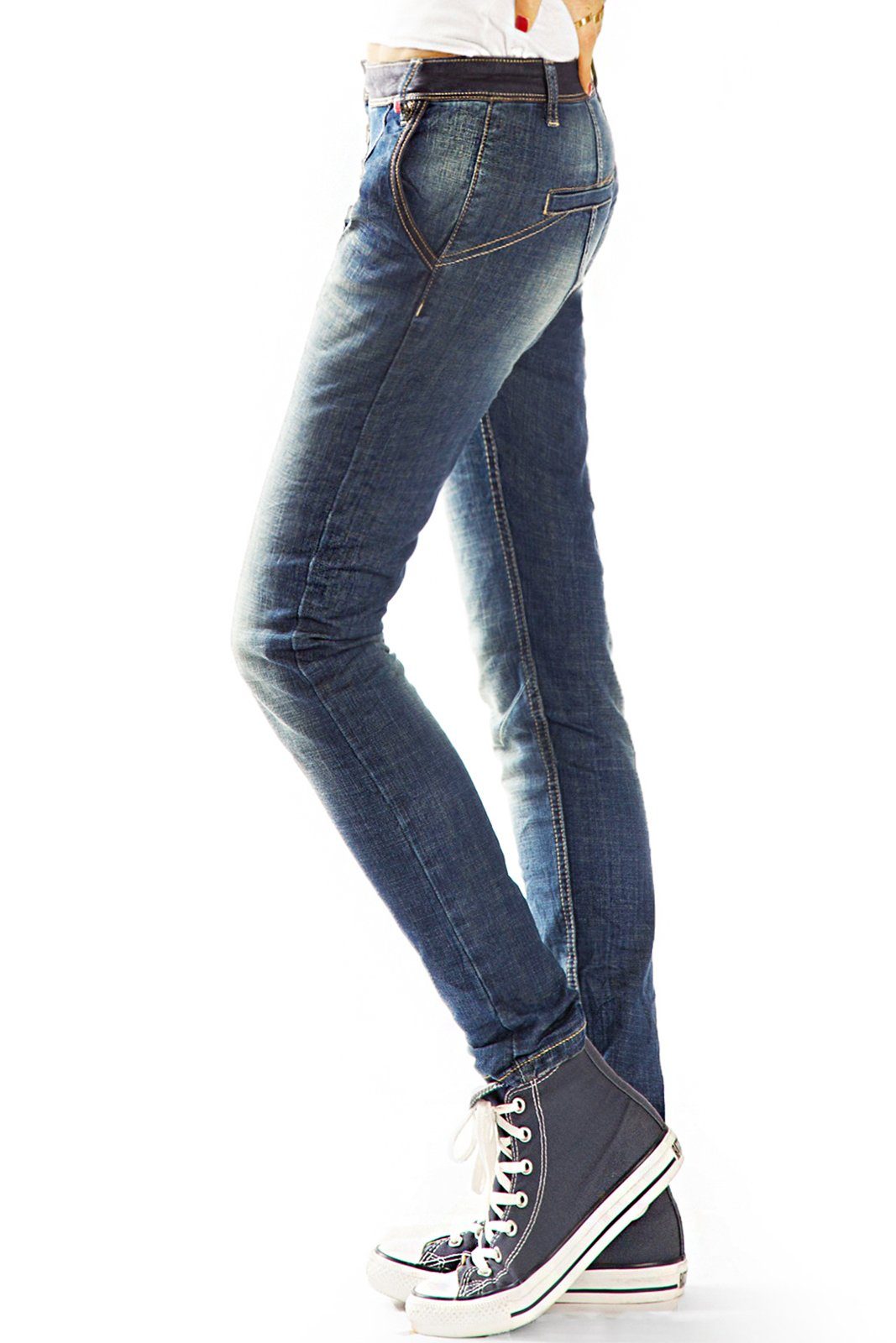 Knopfleiste, Damen hüftig, fit mit schräge mit be asymmetrischer - waist, - Stretch-Anteil, Slim Hüftjeans styled Knopfleiste lange Ziernähte j15L low Low-rise-Jeans