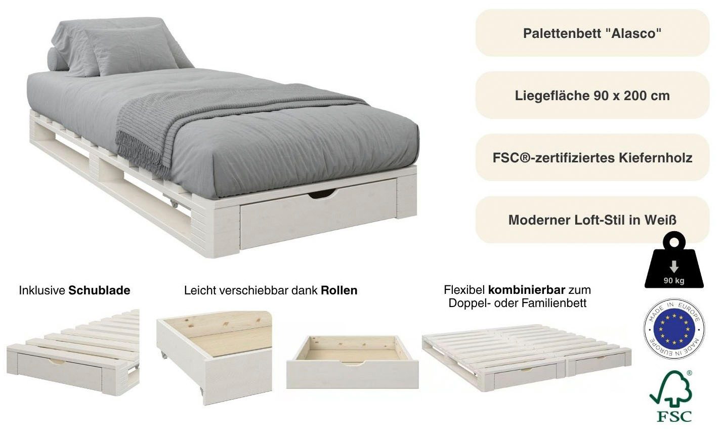 OTTO home Palettenbett "ALASCO " BESTSELLER! Mit Schublade, zertifiziertes Massivholz, erweiterbar zum Doppel- oder Familienbett