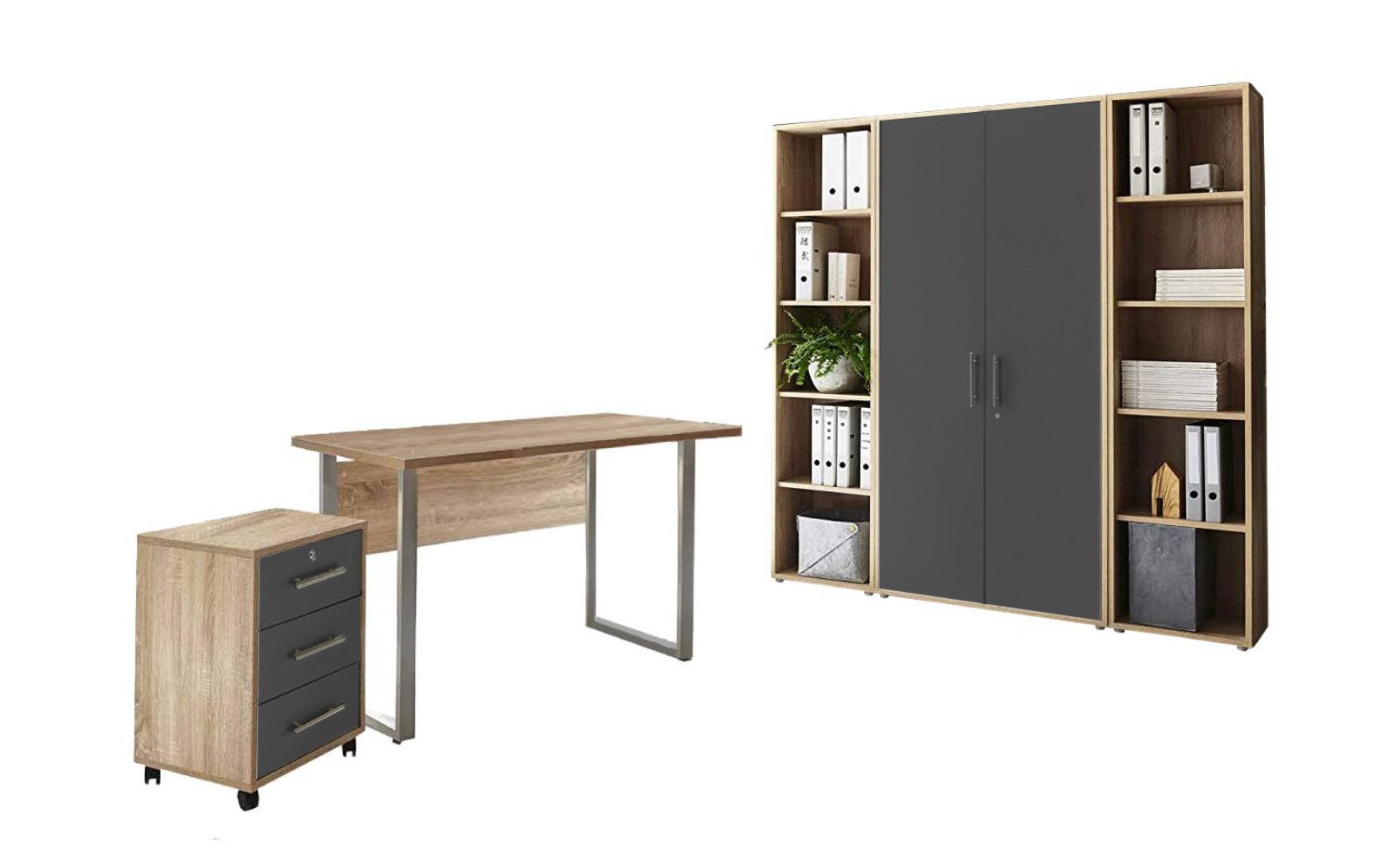 BMG Möbel Büromöbel-Set Office Edition Mini Set 3, (Spar-Set, 5-tlg., 5 teilig: Schreibtisch, Rollcontainer, Aktenschrank, 2 Aktenregalen), Büro-Set, abschließbar, viele Farbvarianten, Made in Germany