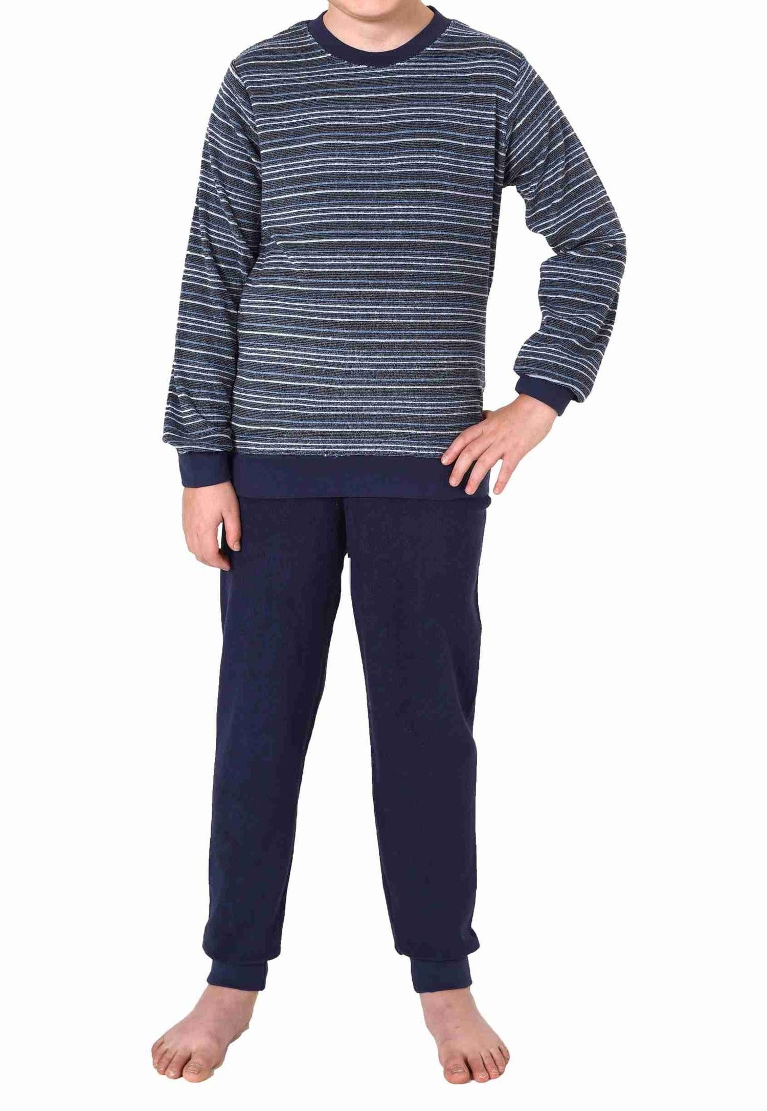 Normann Pyjama Jungen langarm Frottee Schlafanzug mit Bündchen in Streifenoptik
