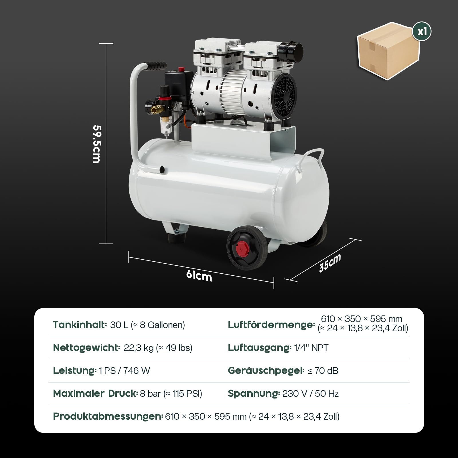 AMERLIFE Kompressor Ölfreier Doppelzylinder Luftkompressor 30L, 8 Bar, 0,75kW, 746 W, max. 8 bar, 30 l, 1-tlg., Flüsterkompressor, Mobil
