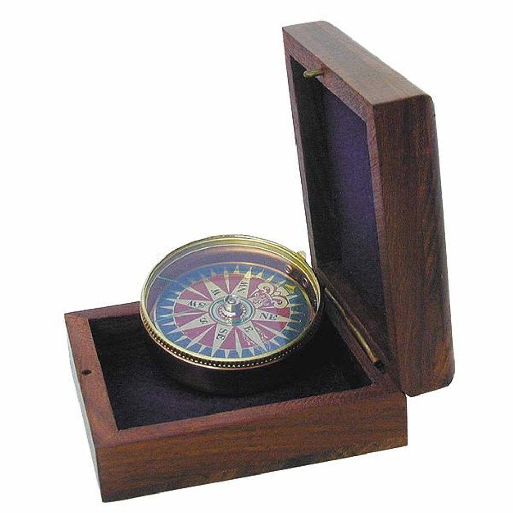 Linoows Dekoobjekt Kompass, Tischkompass mit Windrosenblatt aus Messing in Edelholzbox, Nostalgie Kompass aus Messing in einer Edelholzbox | Deko-Objekte