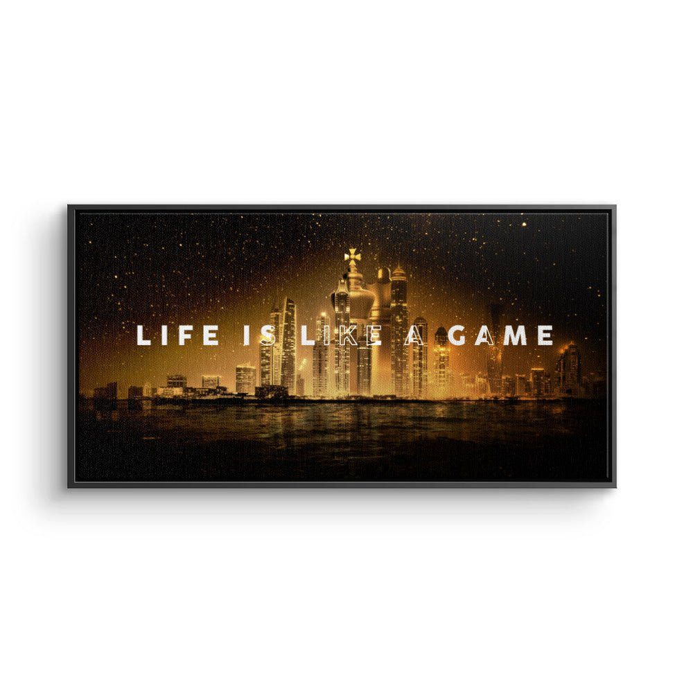 DOTCOMCANVAS® Leinwandbild, Leinwandbild Zitat Skyline goldener Motivation Panorama Schach Figuren prem Rahmen mit