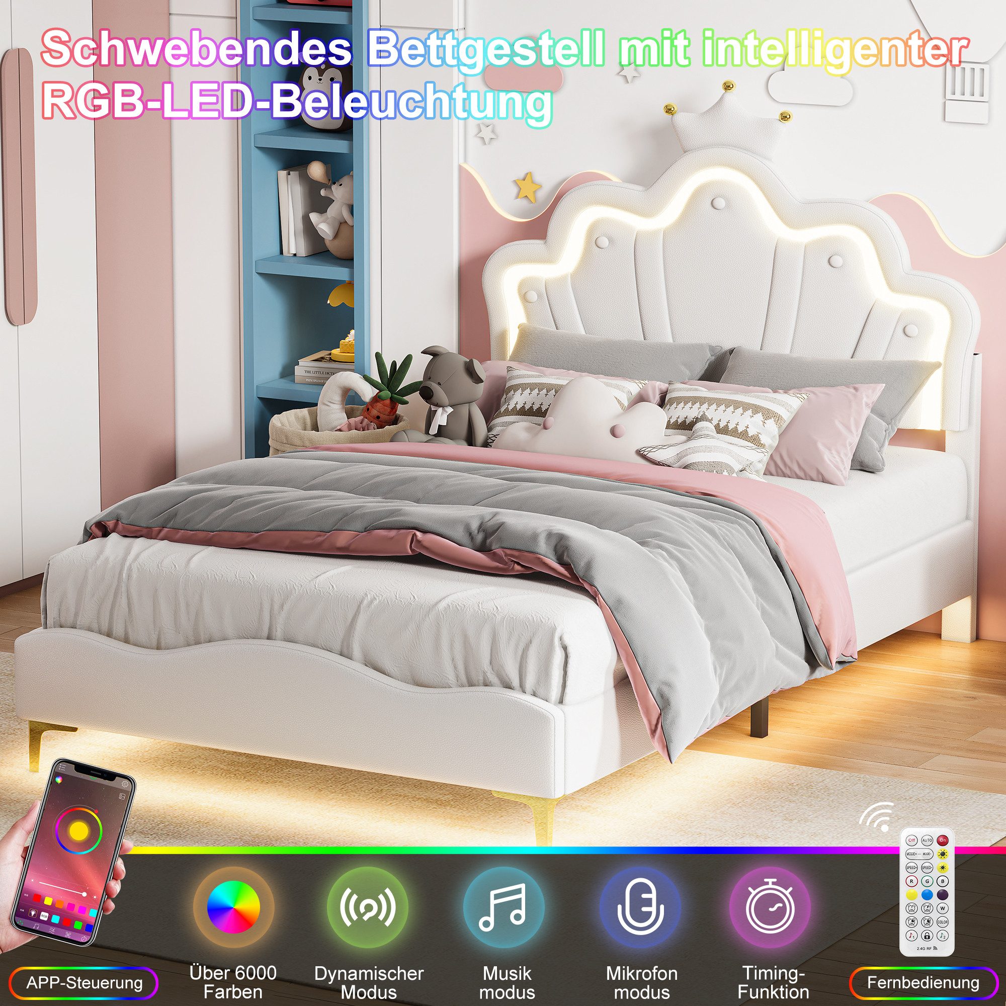 Simurq Kinderbett Mädchenbett 140x190 cm mit LED Verstellbares-Kopfteil in Kronenform (Versand in 2 Paketen, Jugendbett Gästebett für kinder/Erwachsenen,ohne Matratze), Prinzessin Bett, Polsterbett Bettgestell mit Lattenrost,PU-Leder
