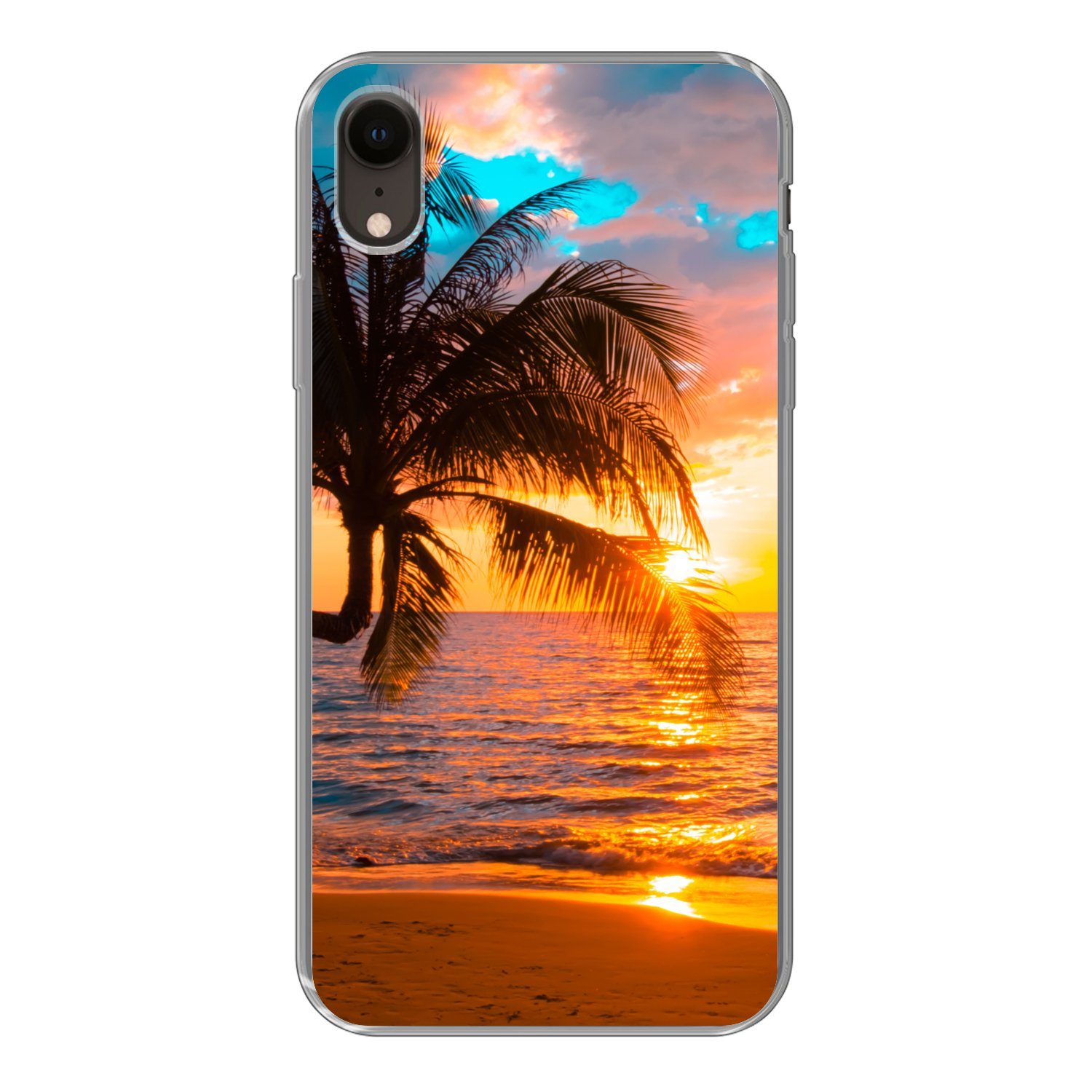 MuchoWow Handyhülle für Apple iPhone XR Palme - Sonnenuntergang - Horizont - Strand - Meer, Smartphone-Bumper, Print, Handy Schutzhülle Dünn