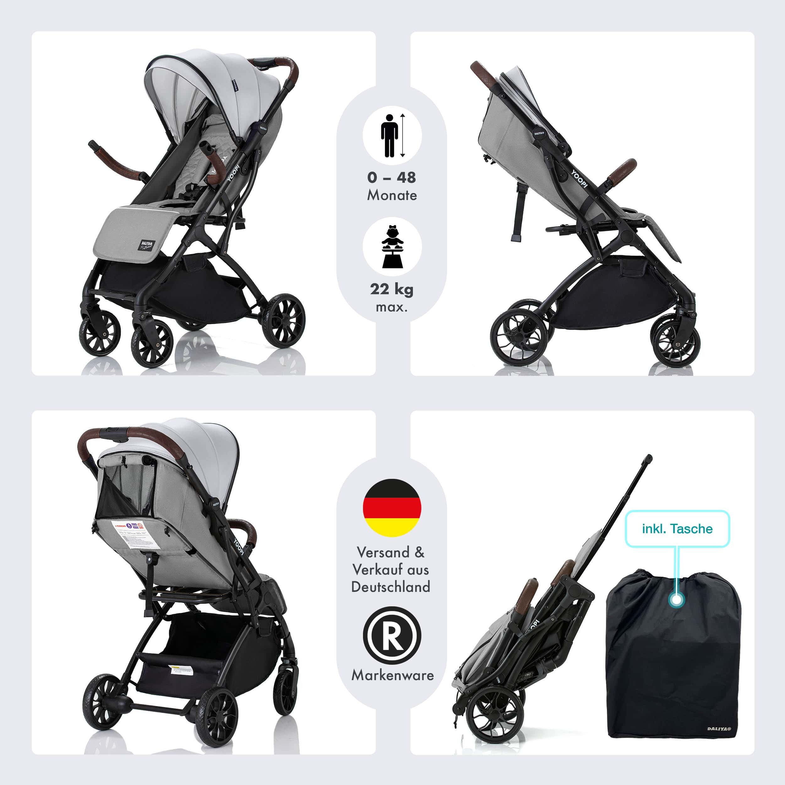 Daliya® Kinder-Buggy YOOPI Reisebuggy, kompakt faltbar, mit Teleskopgriff, Flugzeug Buggy, Stadt-Buggy, Reisebuggy, faltbar, Alurahmen, sicher, gefederte Räder