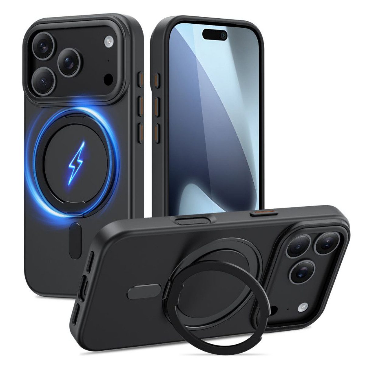 TECH PROTECT Handyhülle Elegante MagRing- Case kompatibel mit iPhone 17 Pro Max mattschwarz 6,7 Zoll, Hülle mit 360°-Ring und verstärkter Kamerazone