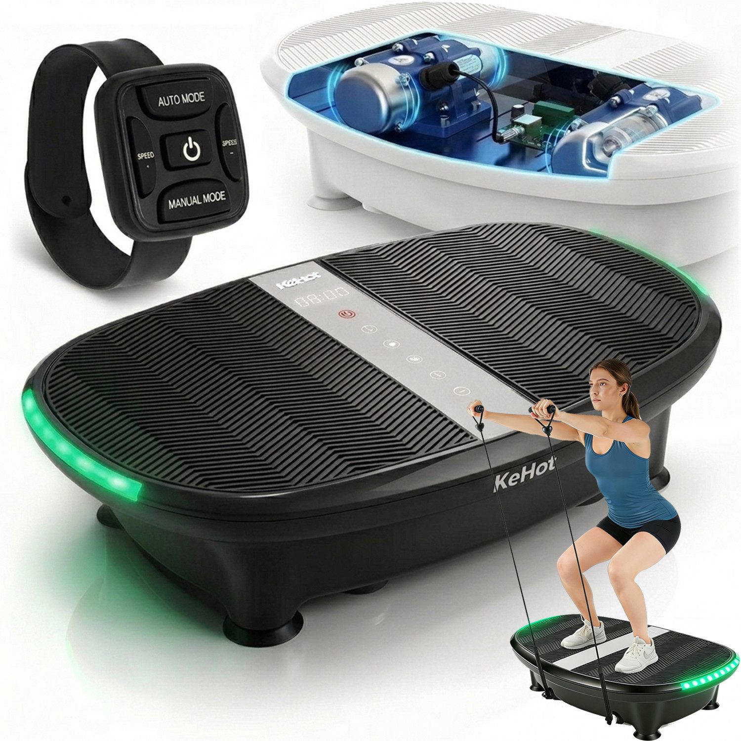 kehot Vibrationsplatte Vibrationsplatte mit Bluetooth & LED-Licht – Ganzkörpertraining Home, 200 W, 60 Intensitätsstufen, inkl. Zugbänder, mit 4+1 Trainingsmodi, Muskelaufbau,Fitness Training