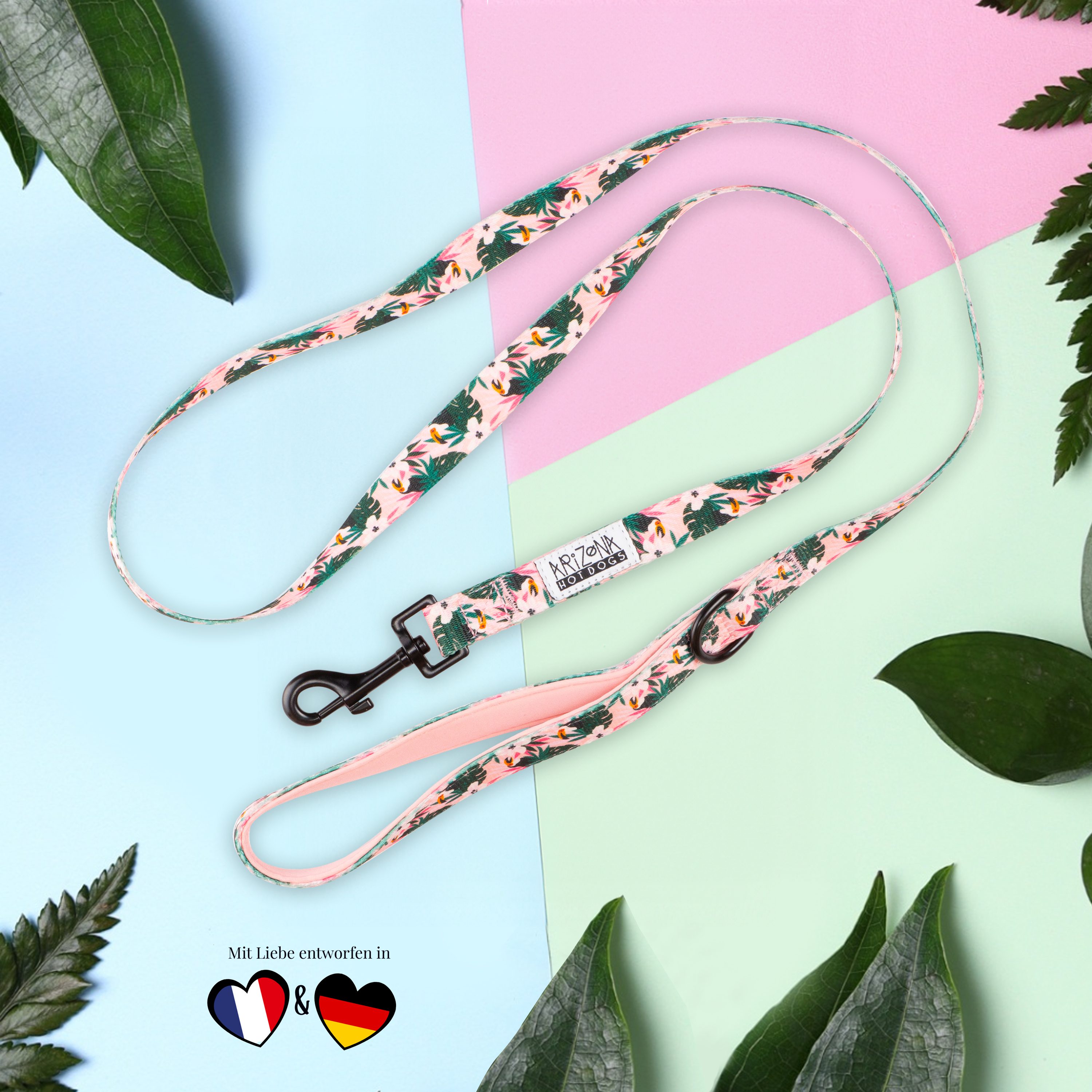 ARIZONA HOT DOGS Hundeleine 1,5m Schlaufe mit Neoprenpolster Tropicool Rosa mit Palmenmuster M