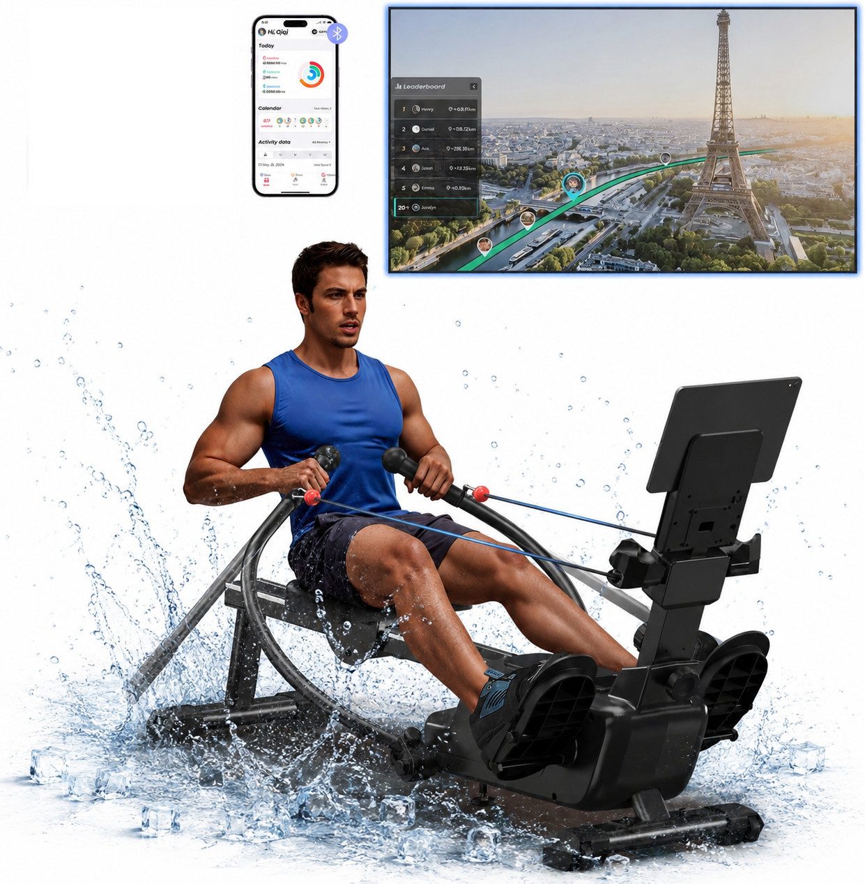 MERACH Rudergerät Magnet-Rudergerät, innovatives Doppel-Paddel für echtes Rudergefühl (16 Widerstandsstufen bis 36 kg, leise, LCD-Display, Tablet-Halter, mit Interaktiver APP und Kurse, Bluetooth, Kinomap Kompatibel), 7 adaptive Trainingsmodi, Ergonomisch