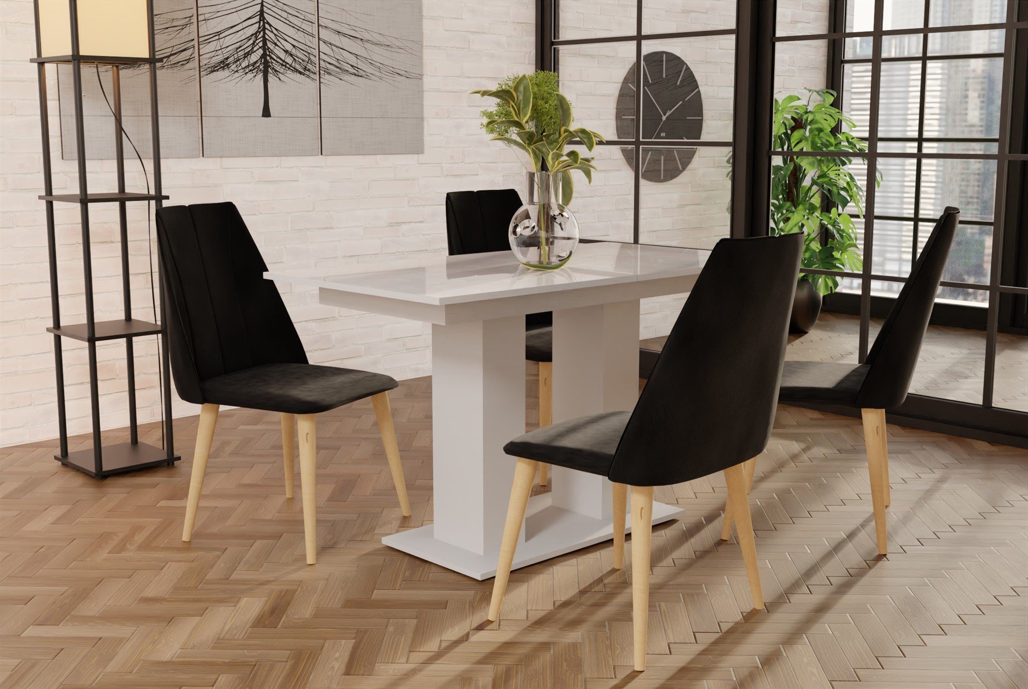 Fun Möbel Tisch CAROS ausziehbarer Weiß mit Essgruppe und DANTE Schwarz Hochglanz, (5-tlg), Tisch 4 Essgruppe Stühlen