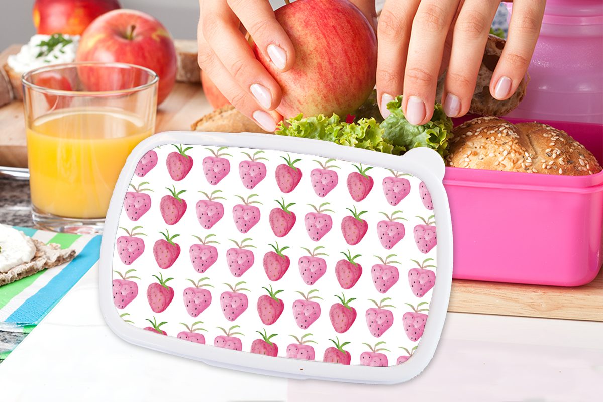 MuchoWow Lunchbox Kunststoff rosa Brotdose Snackbox, - für Design, Kunststoff, Kinder, Erwachsene, (2-tlg), Aquarell - Mädchen, Erdbeere Brotbox