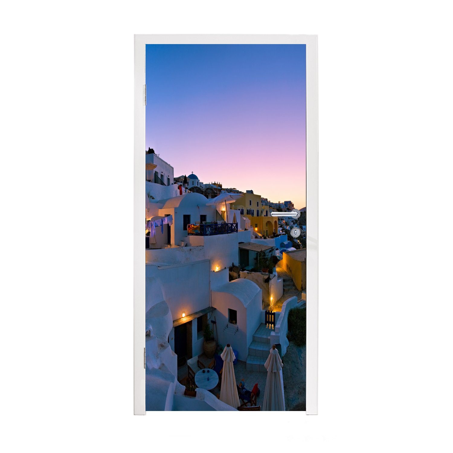 MuchoWow Türtapete Fischerdorf Oia bei Santorini Griechenland mit Sonnenaufgang, Matt, bedruckt, (1 St), Fototapete für Tür, Türaufkleber, 75x205 cm
