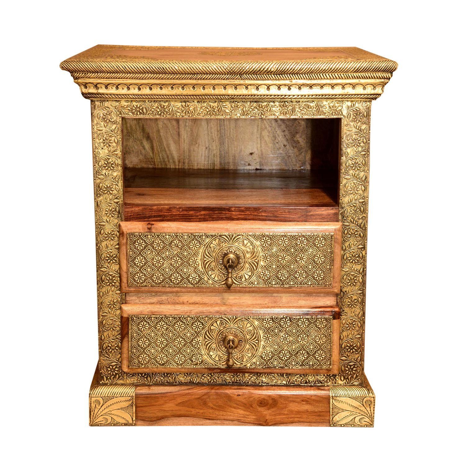 Casa Moro Nachttisch Kommode Nachttisch Marah 45x45x64 cm aus Massivholz (mit Messing verziert in braun Gold), Vintage Kommodenschrank Holzschrank, MA69-65-B