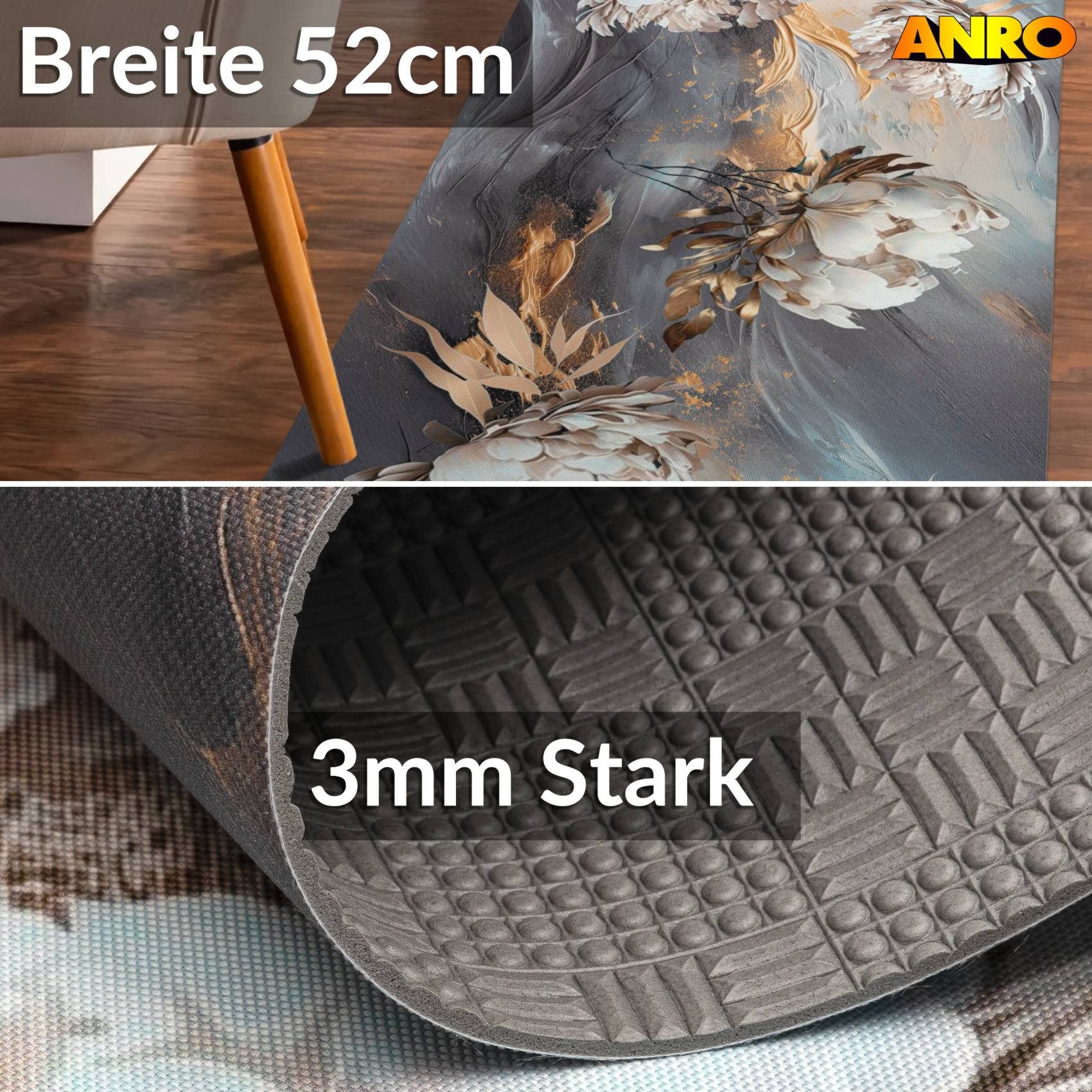 ANRO Küchenläufer LUIGI Pfingstrose pflegeleicht hochwertig Flurläufer Küchenteppich, eckig, Höhe: 3 mm, Teppichläufer 100cm Abstakt; Elysium; Florales Design Grau wasserdicht