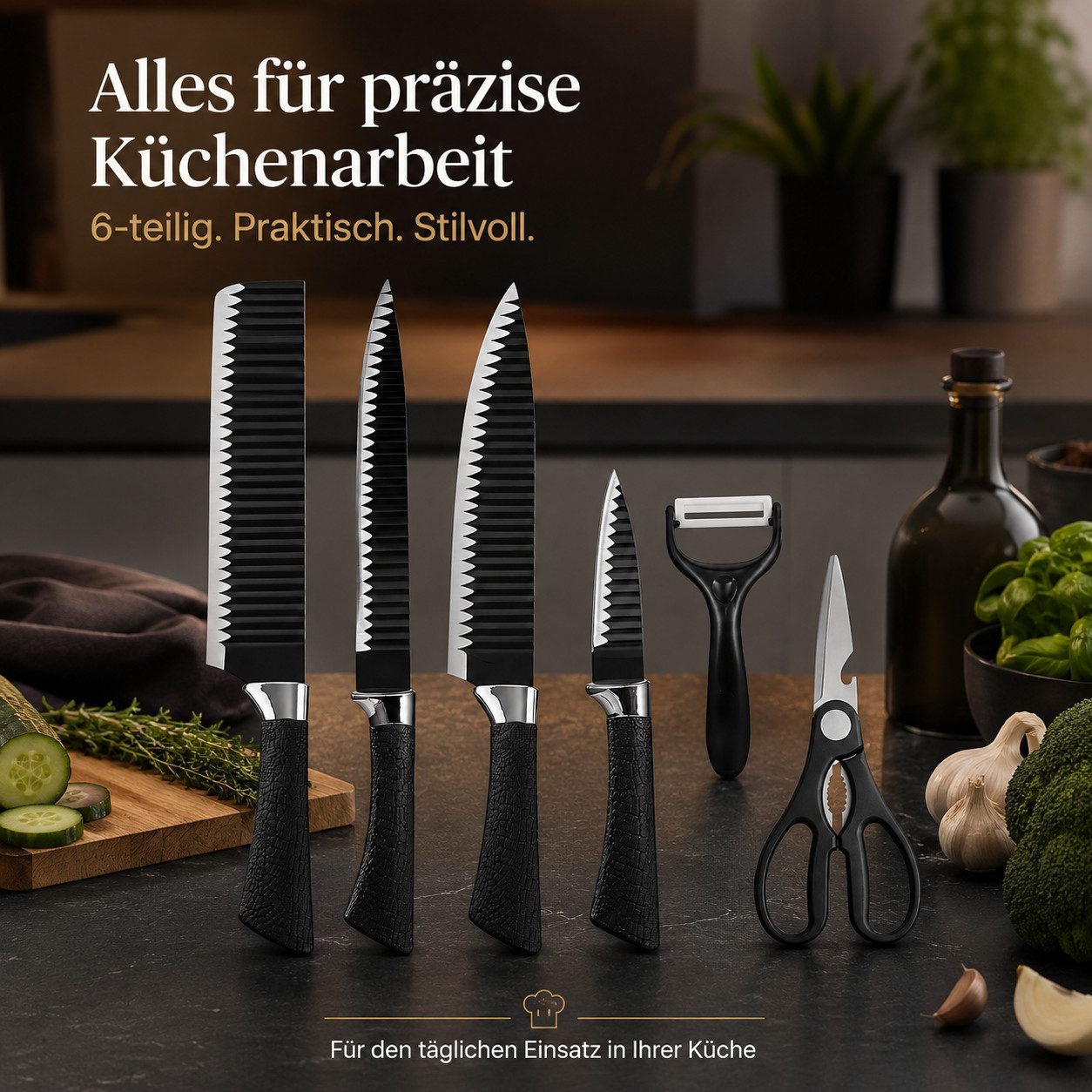 Diyarts Messer-Set (Hochwertiger Edelstahl für langlebige Schärfe, 6-tlg., ergonomische Polypropylen-Griffe für maximalen Komfort), modern, präzise Schnitte dur – Bild 2 von 5