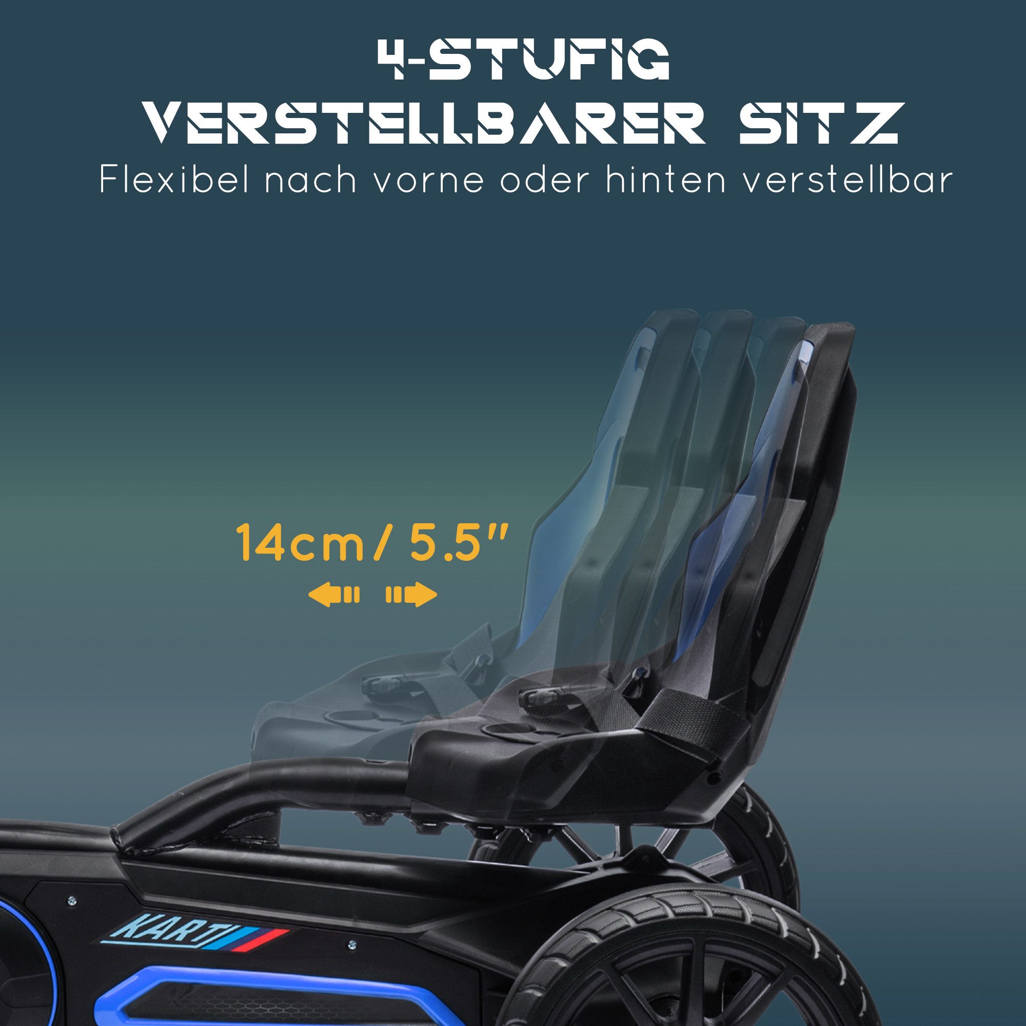 HOMCOM Go-Kart Tretauto mit Handbremse, verstellbarem Sitz, Tretfahrzeug, für Kinder, Blau – Bild 4 von 5