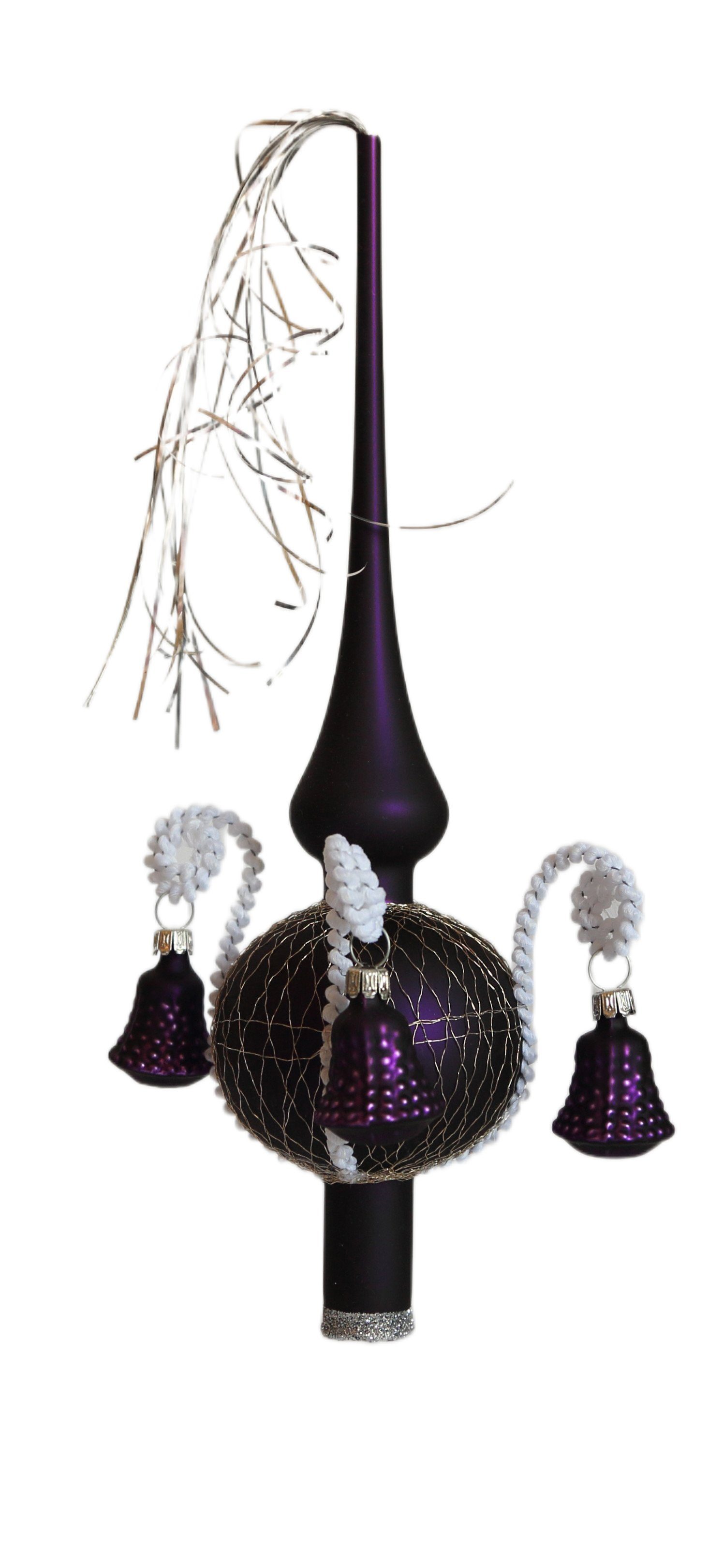 Lauschaer Glas Christbaumspitze Weihnachtsbaumspitze mit Formglöckchen, umsponnen mit Leonischem Draht, mundgeblasen, handdekoriert, handbemalt, in Lauscha hergestellt lila matt