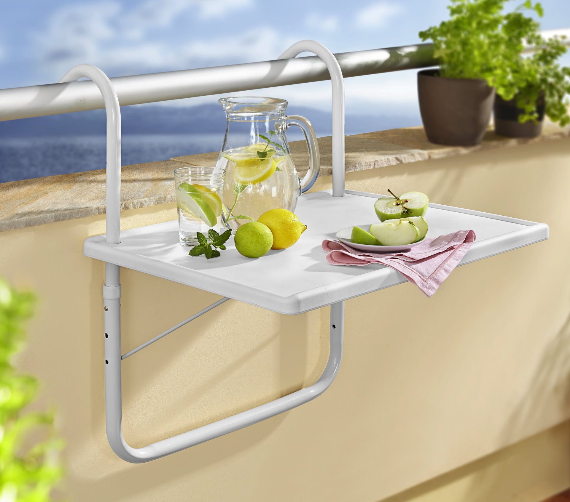 KESSER® Balkonhängetisch klappbar Balkontisch zum Einhängen Balkon  Hängetisch 3-fach höhenverstellbarer Klapptisch Balkongeländer wetterfest  mit 2x Getränkeplätze Tischplatte BxT: 62 x 60 cm