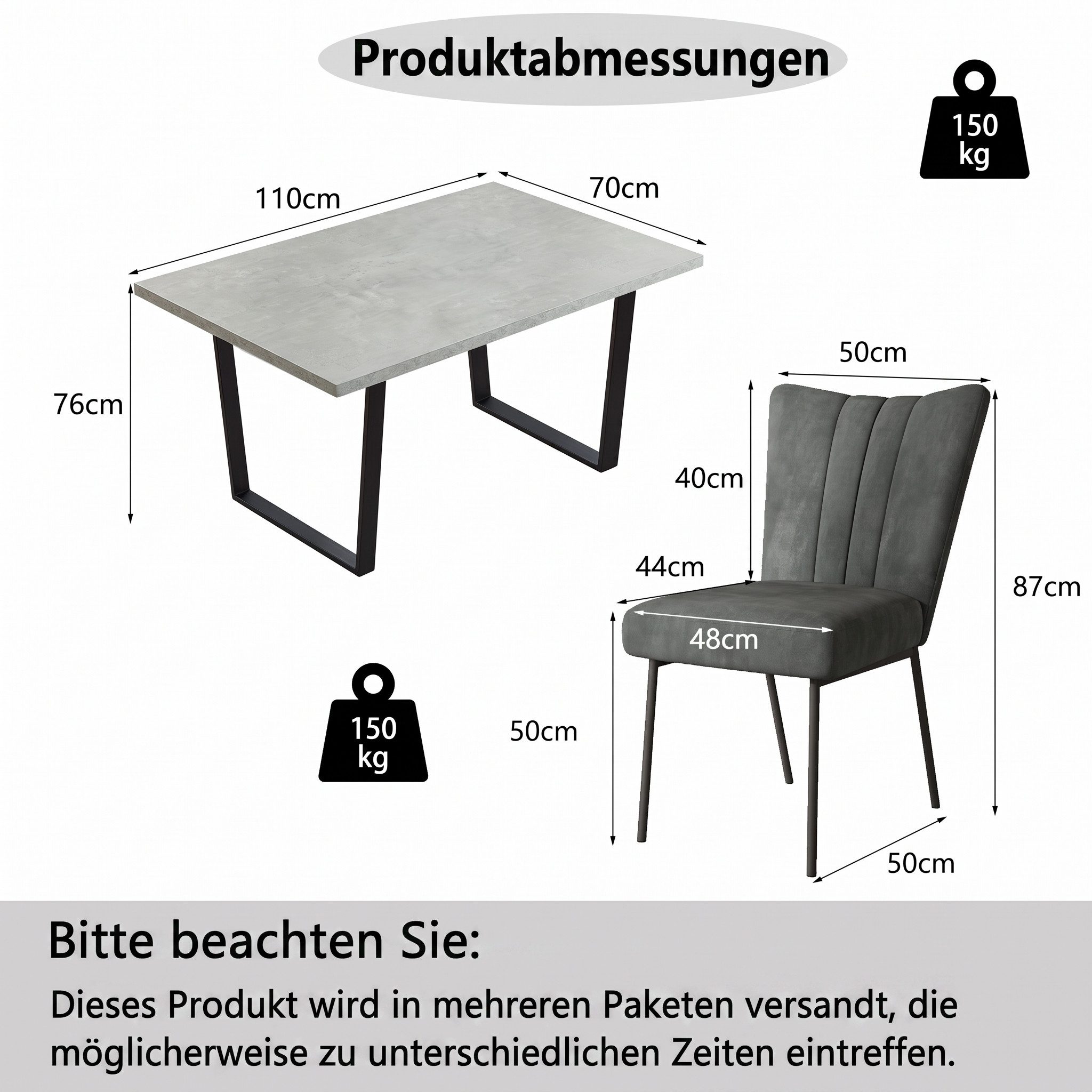 Jiexi Essgruppe Essgruppe 110x70 MDF Tisch mit Samtstühlen U-Metallgestell