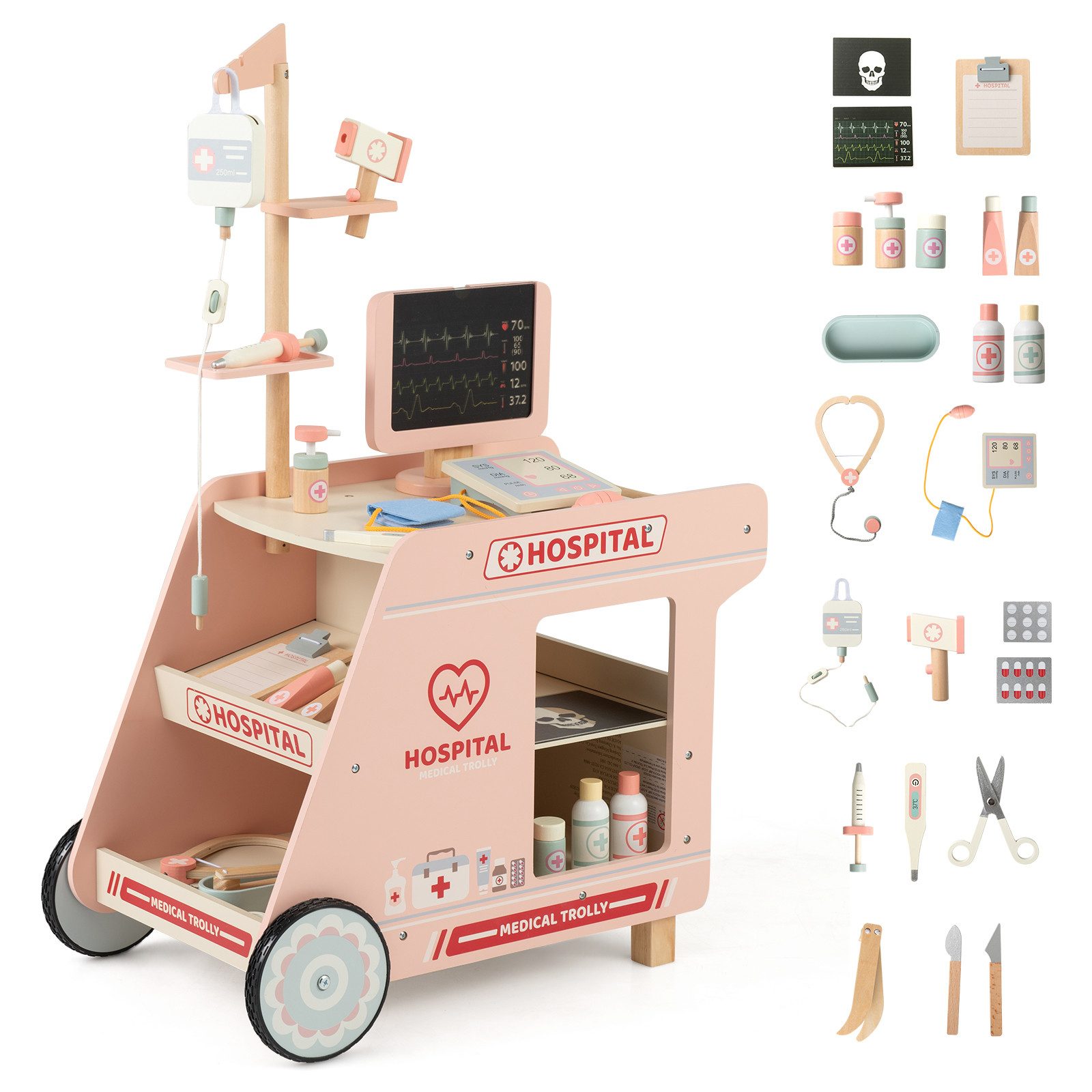 KOMFOTTEU Spielzeug-Arztkoffer, mit Rollwagen, Thermometer, Stethoskop & drehbarem Bildschirm